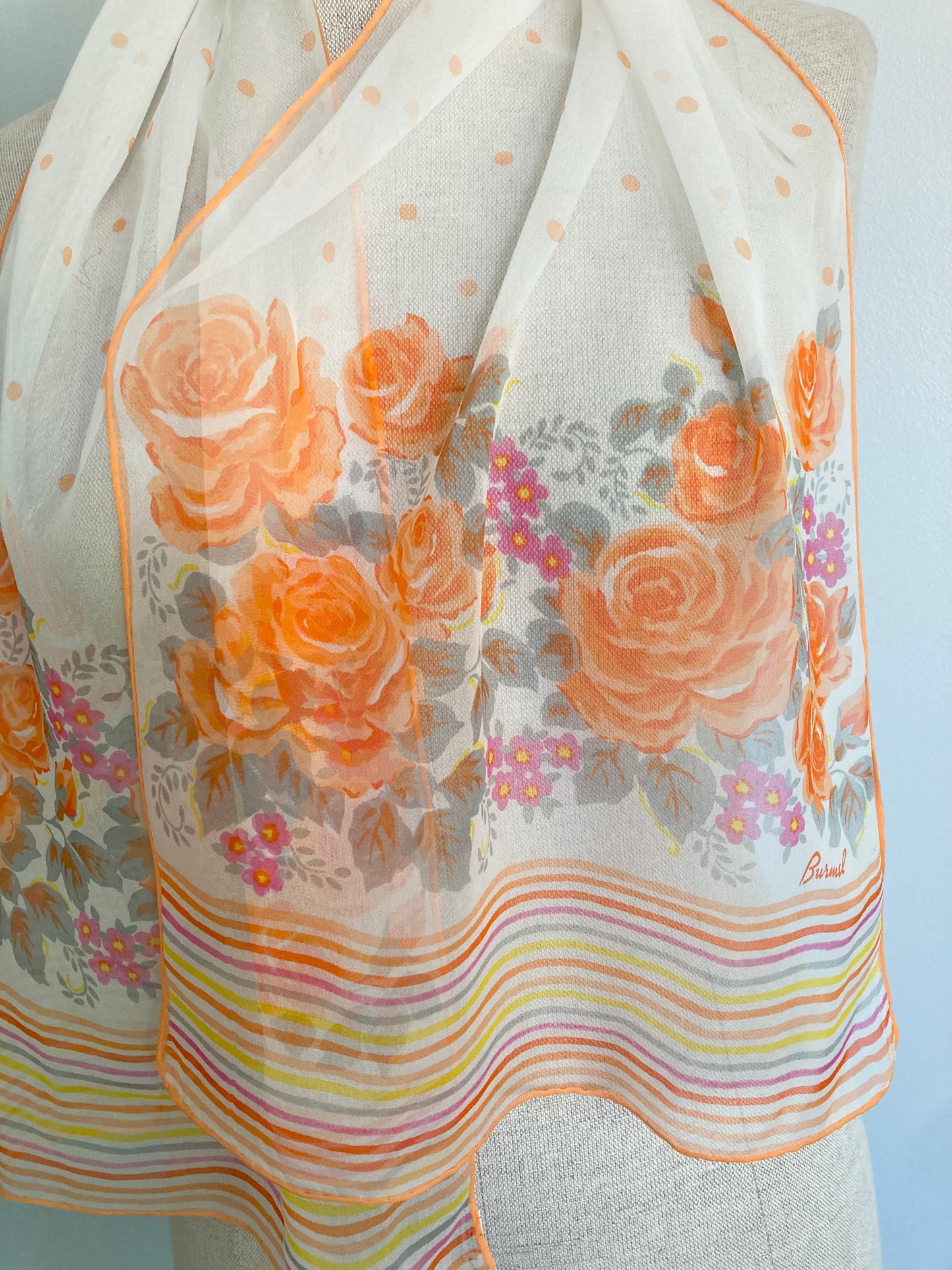 Vintage Printed Chiffon Oblong Scarf, Japanese Chiffon Scarf by Burmel