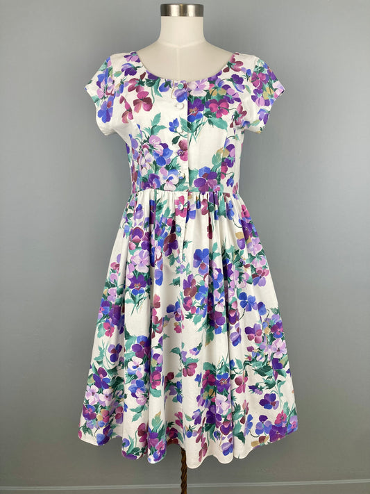 90s Cotton Floral Summer Dress, Cottage Core Cotton Dress, Vintage Cotton Summer Dress, Charming Violet Print Cotton Dress, Size M