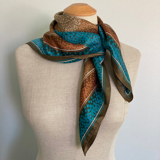 Striking Vintage Turquoise and Brown Scarf, Vintage Large Square Scarf