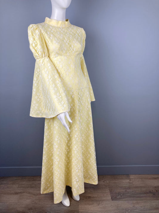 1970s Yellow Lace Bell Sleeve Maxi Dress, Size S/M