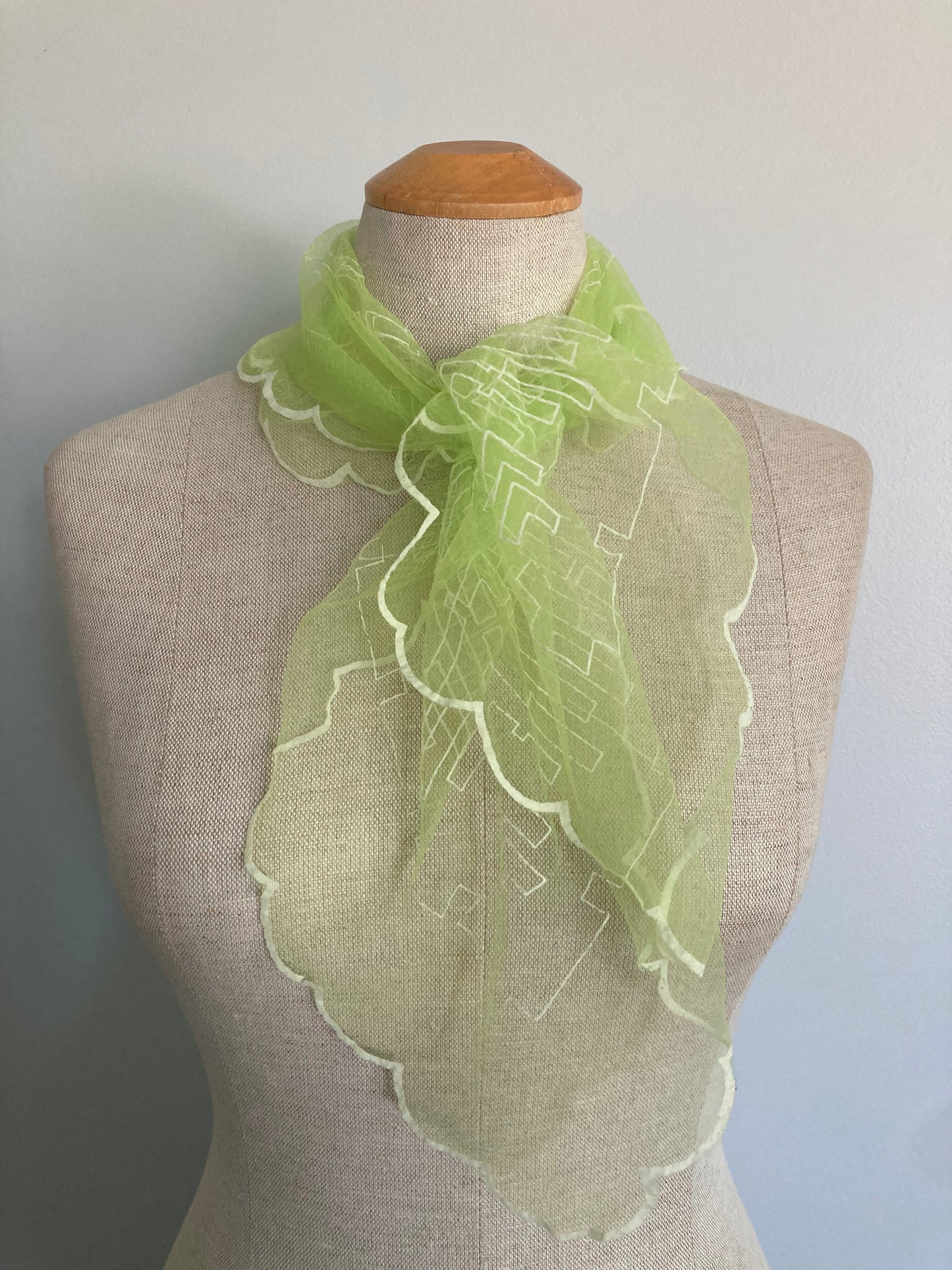 Pair of Flocked Sheer Nylon Kerchiefs, One Green and One Pink Square Nylon Scarves