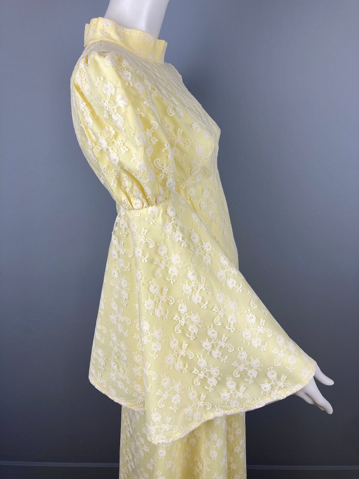 1970s Yellow Lace Bell Sleeve Maxi Dress, Size S/M