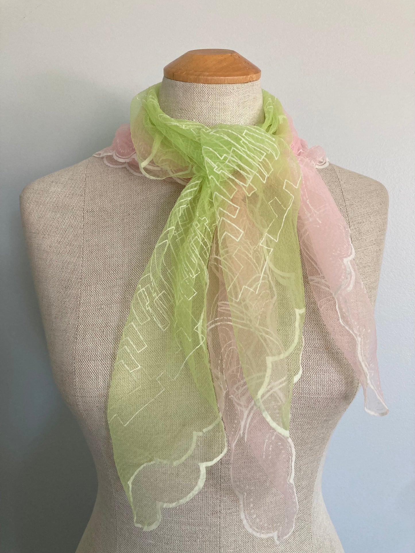 Pair of Flocked Sheer Nylon Kerchiefs, One Green and One Pink Square Nylon Scarves