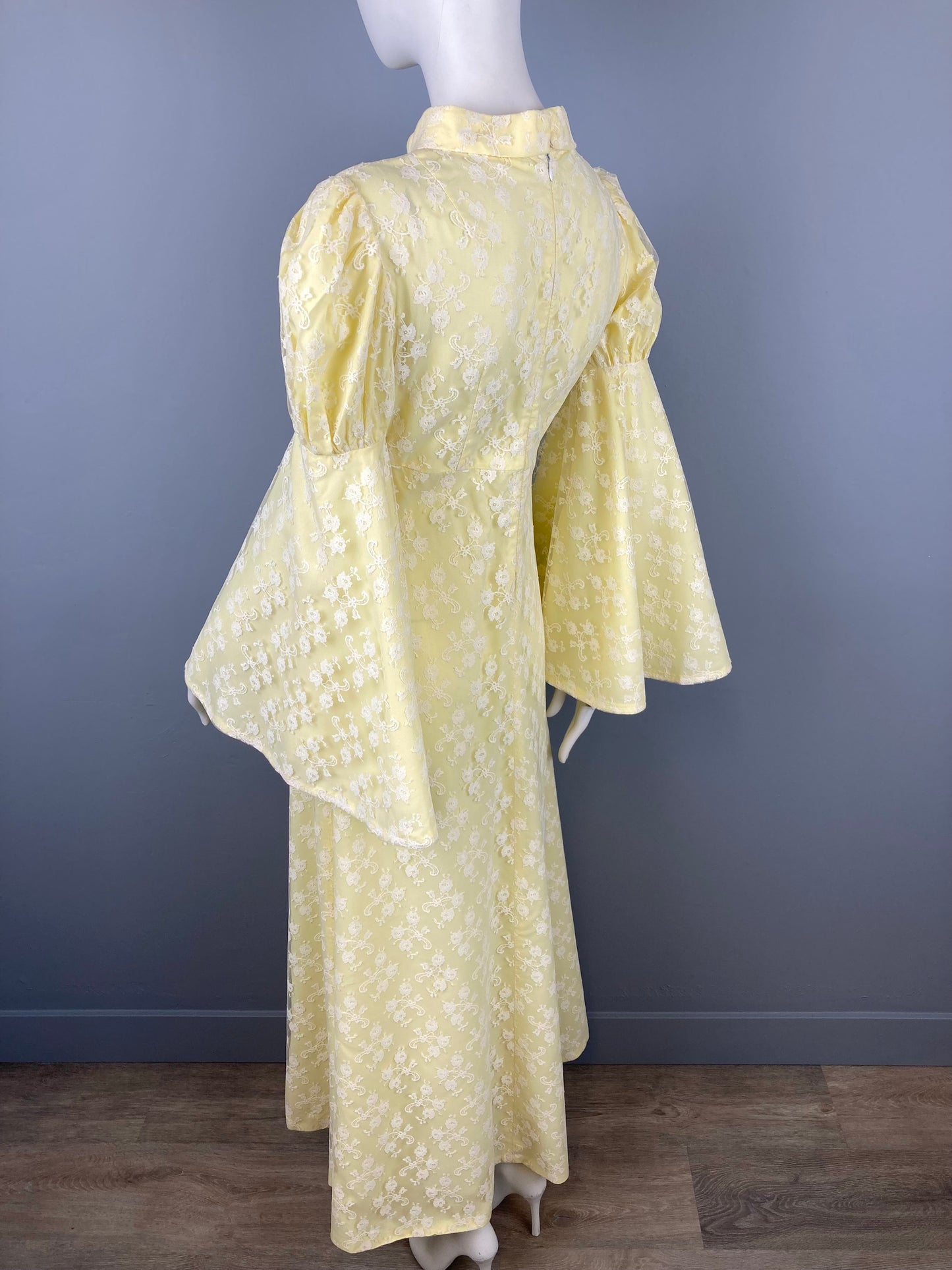 1970s Yellow Lace Bell Sleeve Maxi Dress, Size S/M