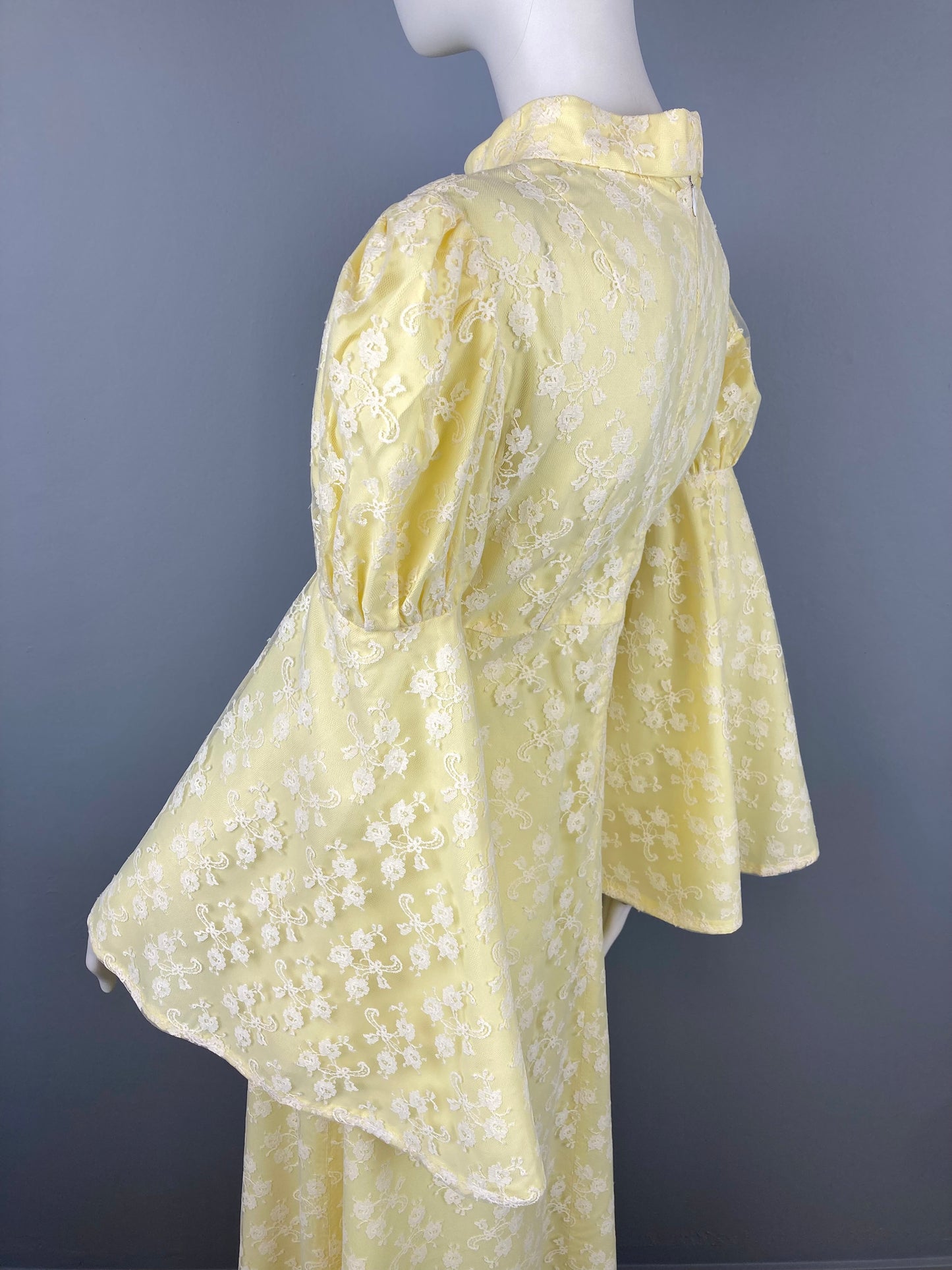 1970s Yellow Lace Bell Sleeve Maxi Dress, Size S/M