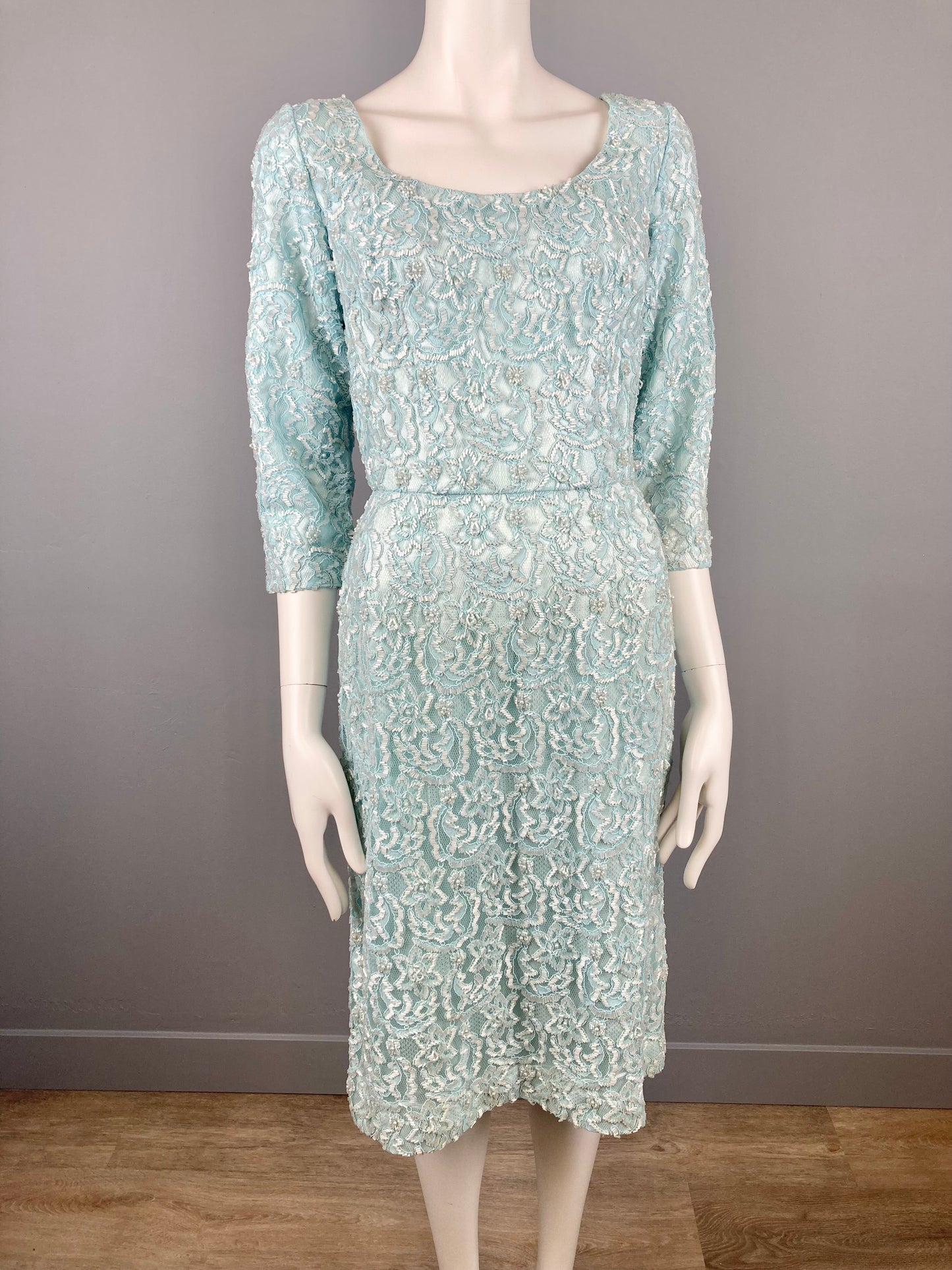 Incredible 1960s Turquoise Fully Beaded Lace Dress, Size M, 1960s Blue Beaded Dress