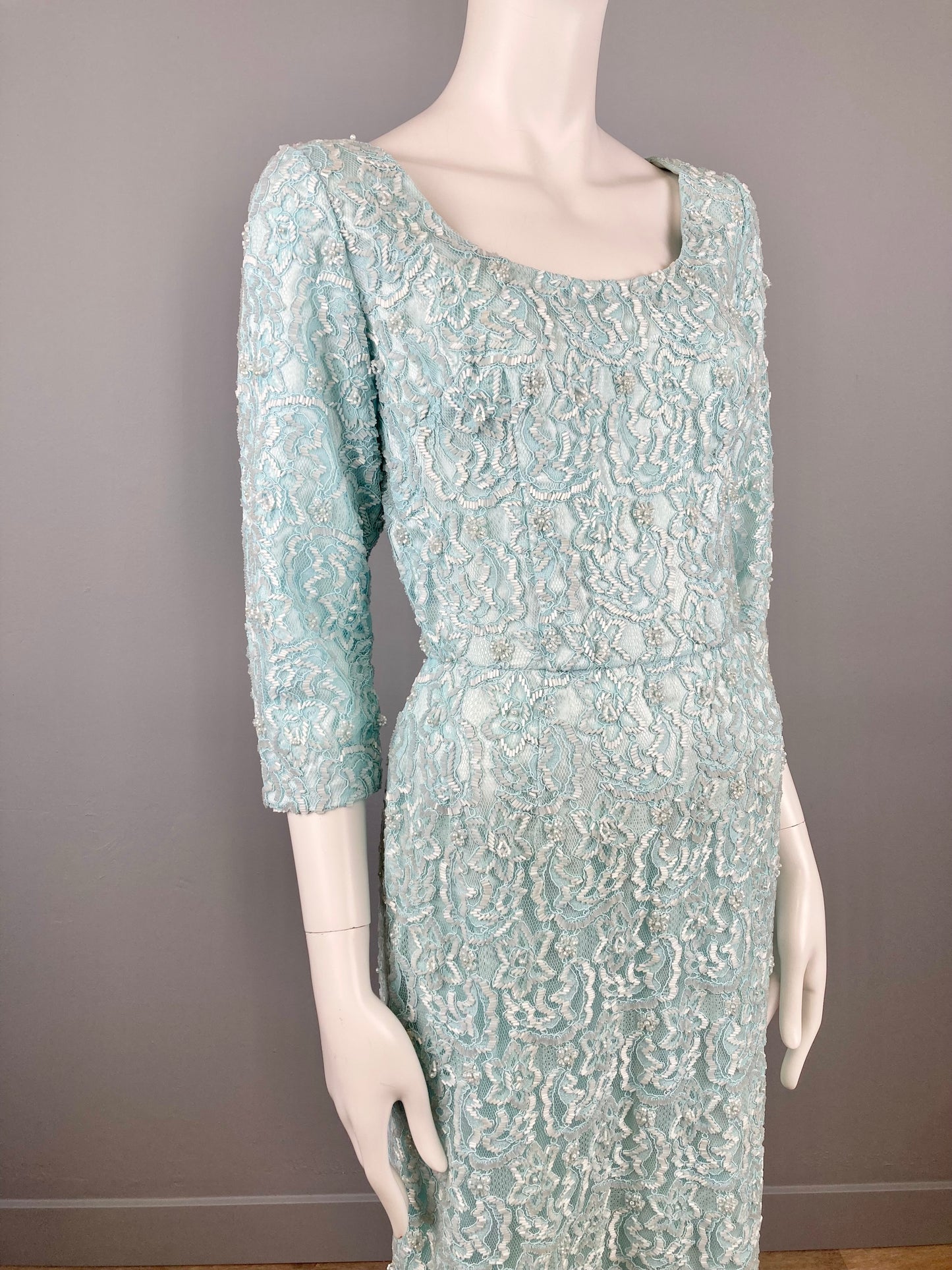 Incredible 1960s Turquoise Fully Beaded Lace Dress, Size M, 1960s Blue Beaded Dress