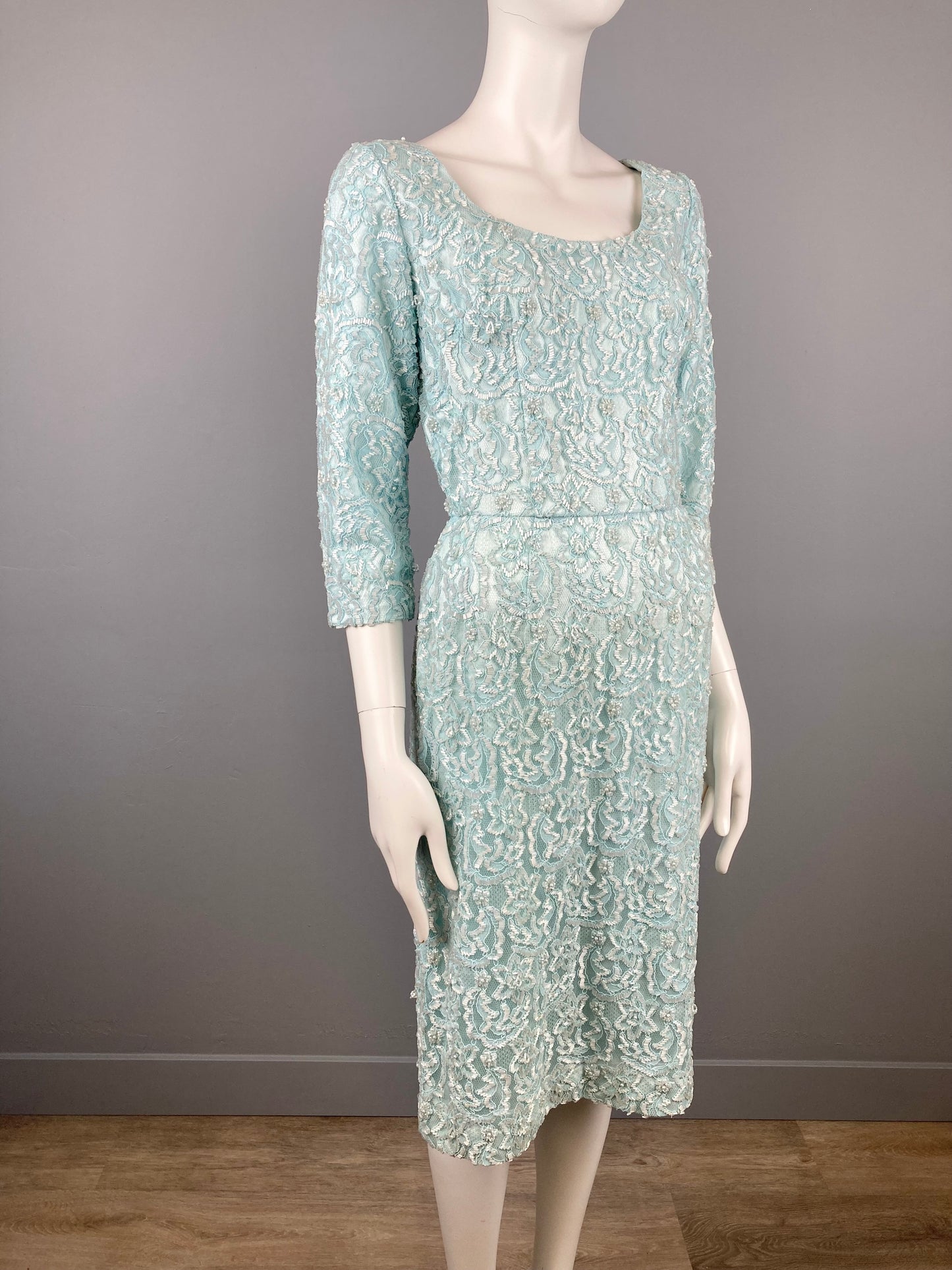 Incredible 1960s Turquoise Fully Beaded Lace Dress, Size M, 1960s Blue Beaded Dress