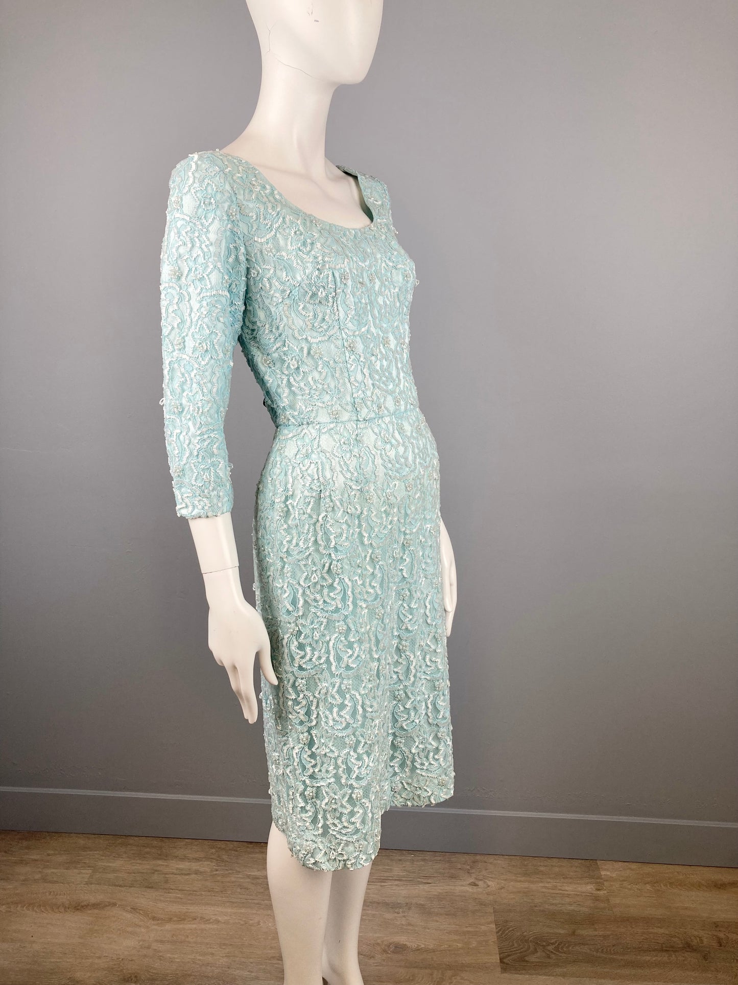 Incredible 1960s Turquoise Fully Beaded Lace Dress, Size M, 1960s Blue Beaded Dress