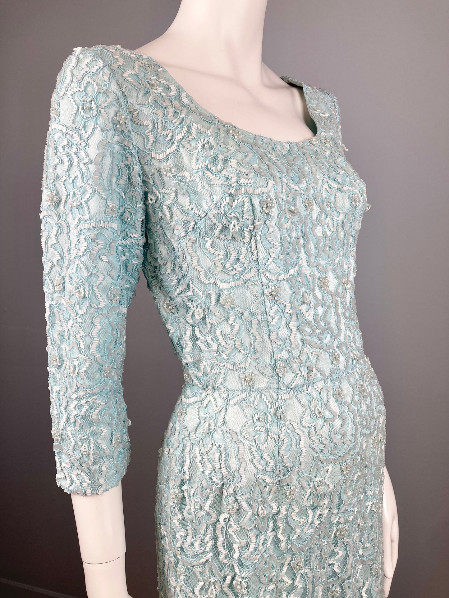 Incredible 1960s Turquoise Fully Beaded Lace Dress, Size M, 1960s Blue Beaded Dress