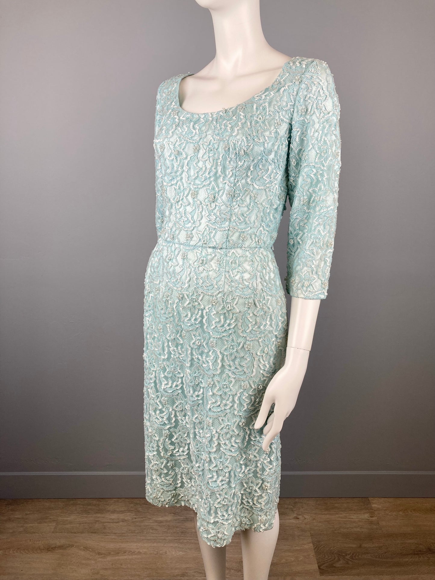 Incredible 1960s Turquoise Fully Beaded Lace Dress, Size M, 1960s Blue Beaded Dress