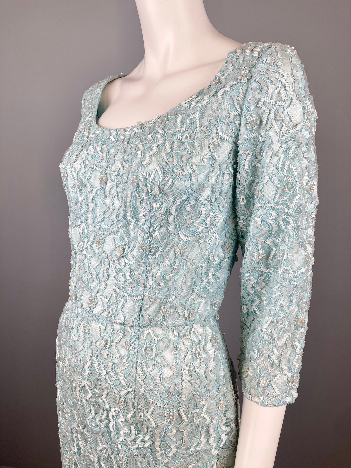 Incredible 1960s Turquoise Fully Beaded Lace Dress, Size M, 1960s Blue Beaded Dress