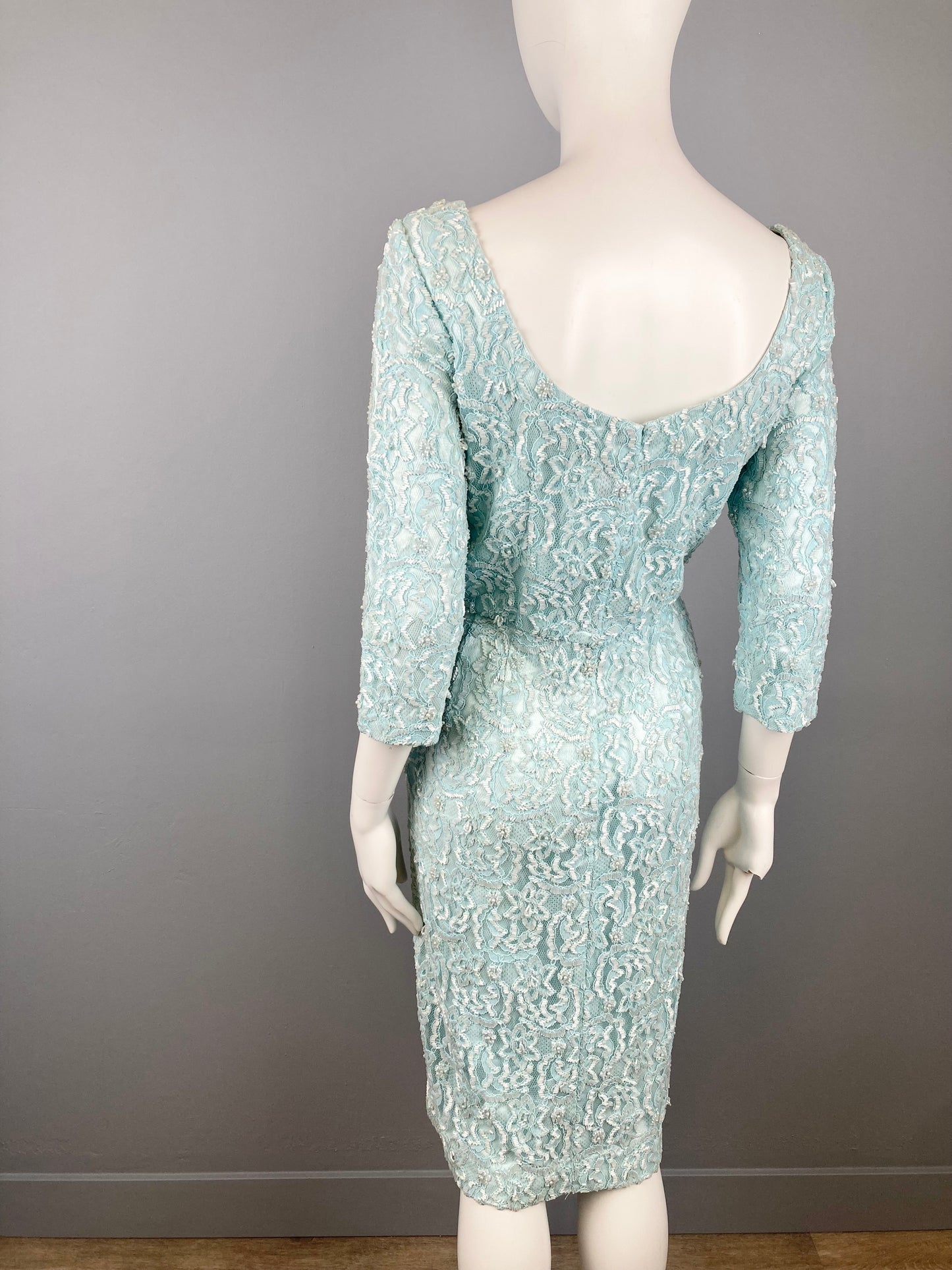 Incredible 1960s Turquoise Fully Beaded Lace Dress, Size M, 1960s Blue Beaded Dress