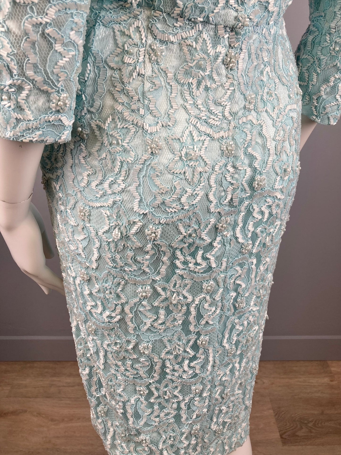 Incredible 1960s Turquoise Fully Beaded Lace Dress, Size M, 1960s Blue Beaded Dress