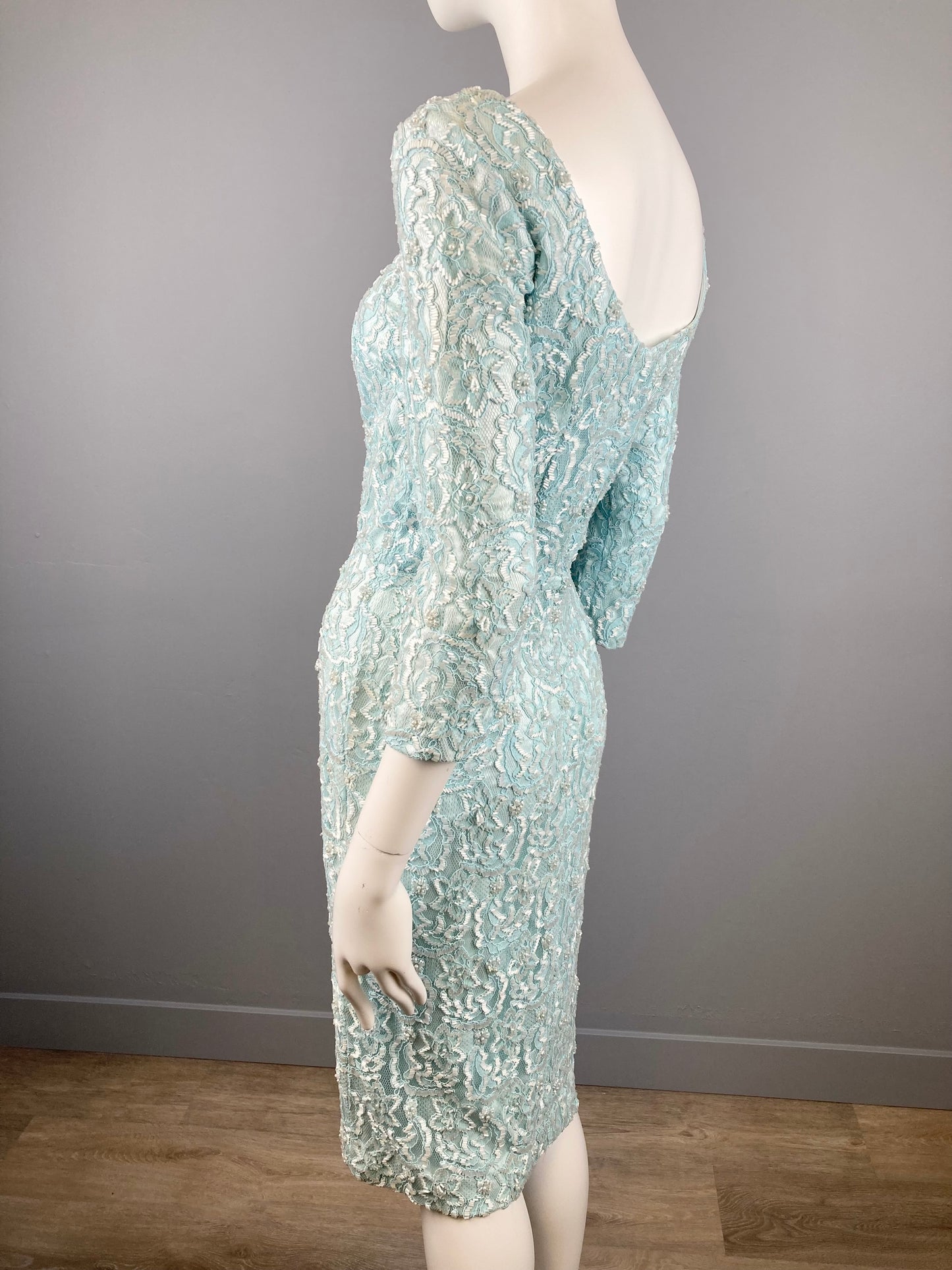 Incredible 1960s Turquoise Fully Beaded Lace Dress, Size M, 1960s Blue Beaded Dress