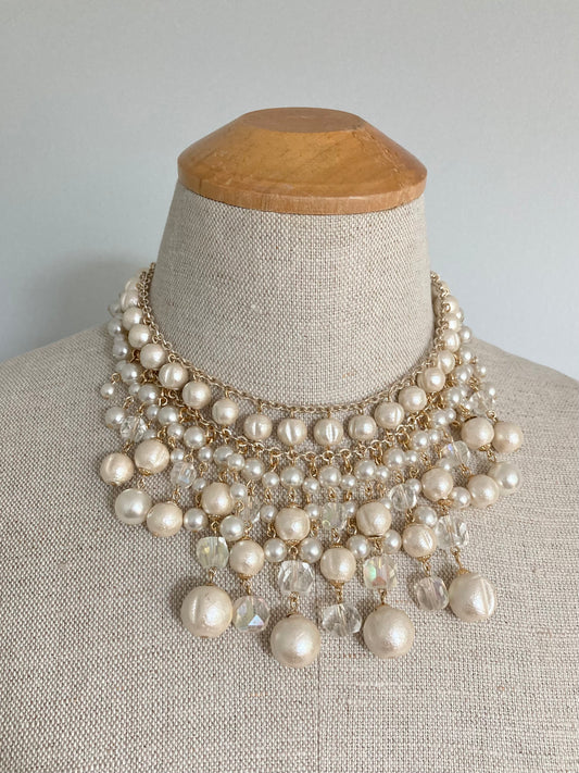 1970s Cotton Pearl Bib Necklace, Vintage Faux Pearl Multi Tier Necklace