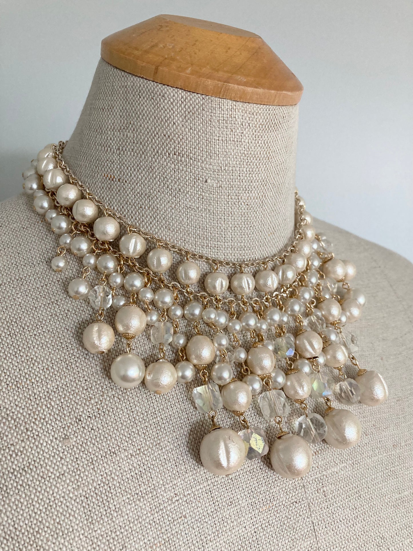 1970s Cotton Pearl Bib Necklace, Vintage Faux Pearl Multi Tier Necklace