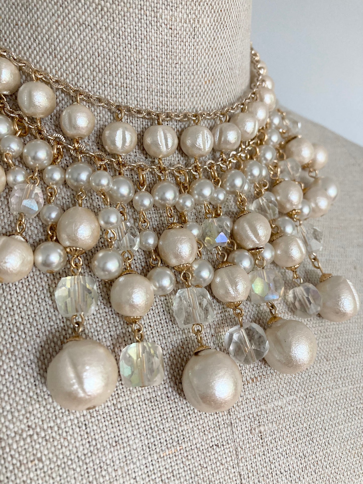 1970s Cotton Pearl Bib Necklace, Vintage Faux Pearl Multi Tier Necklace