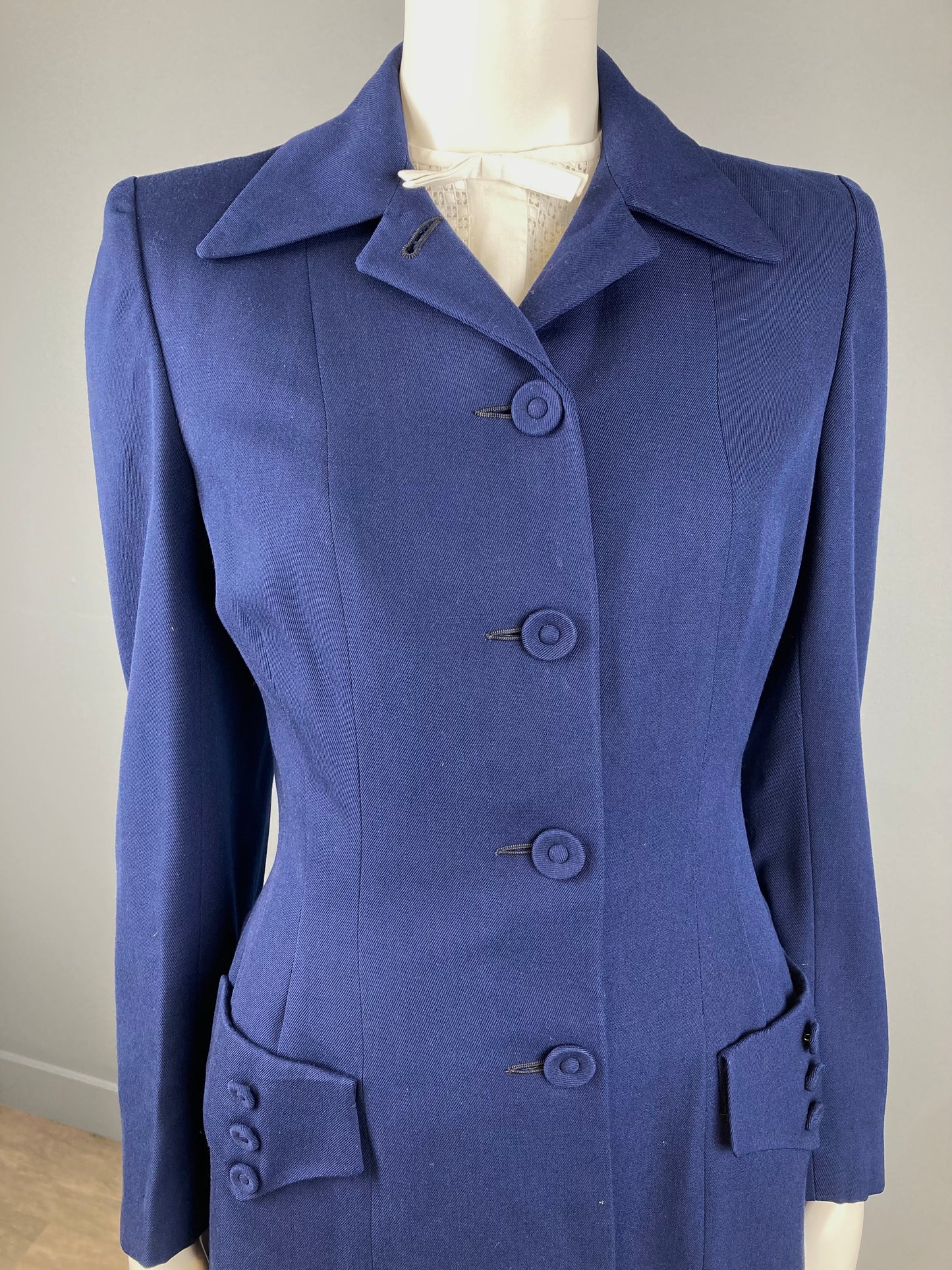 1940/50s Navy Blue Skirt & Jacket Suit, Size XS, Vintage Gabardine Suit