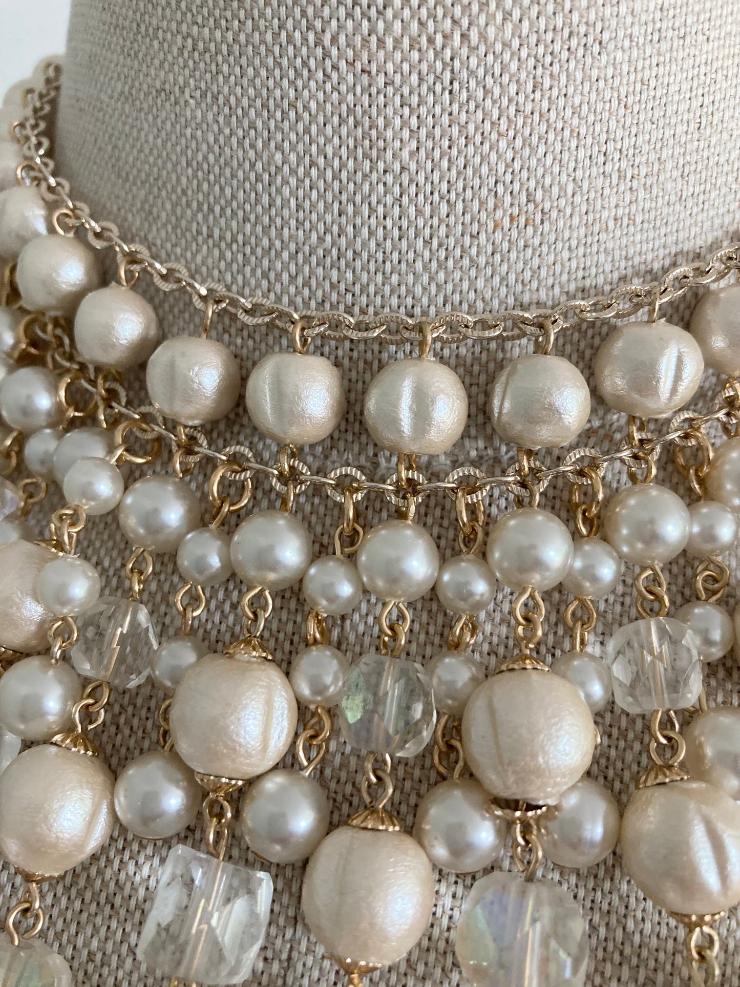 1970s Cotton Pearl Bib Necklace, Vintage Faux Pearl Multi Tier Necklace