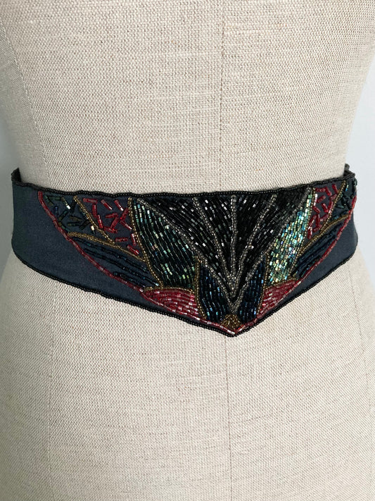 Vintage Black Beaded Belt with Tie Back