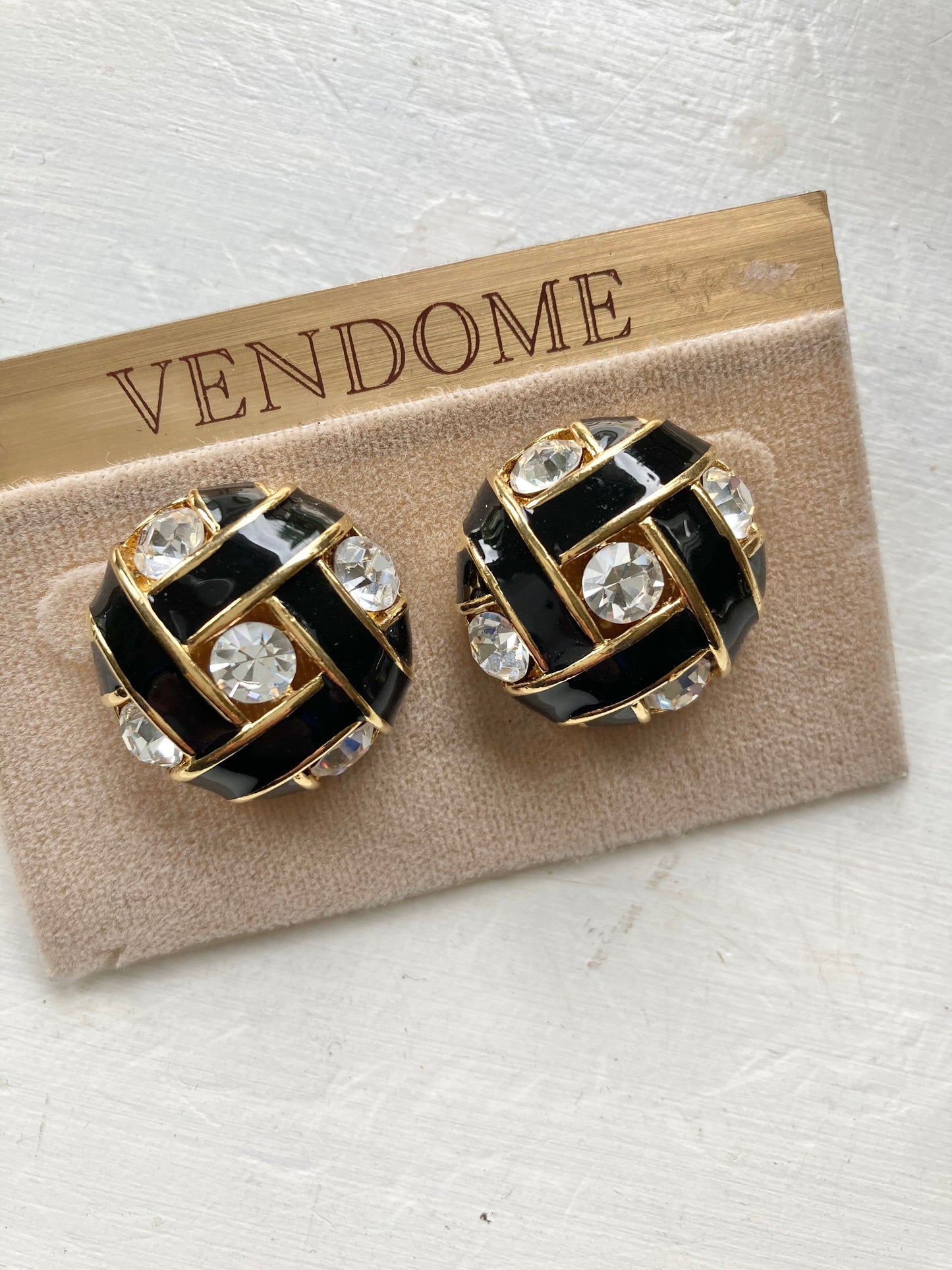 Vintage Vendome Black Enamel and Crystal Pierced Earrings
