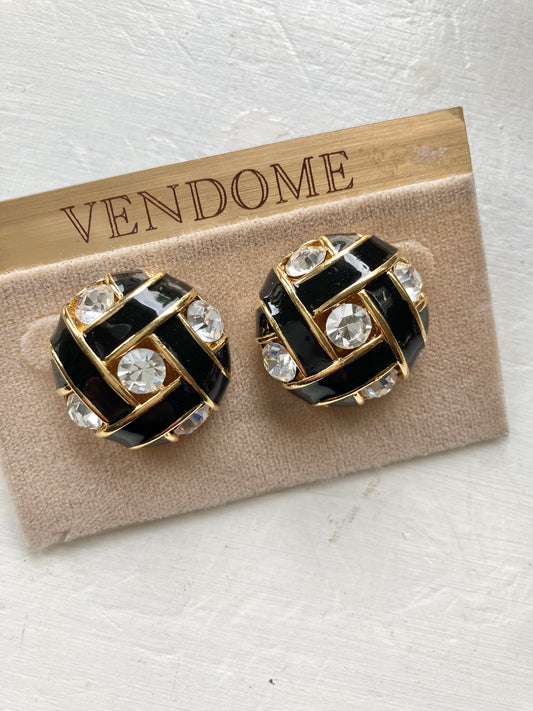 Vintage Vendome Black Enamel and Crystal Pierced Earrings