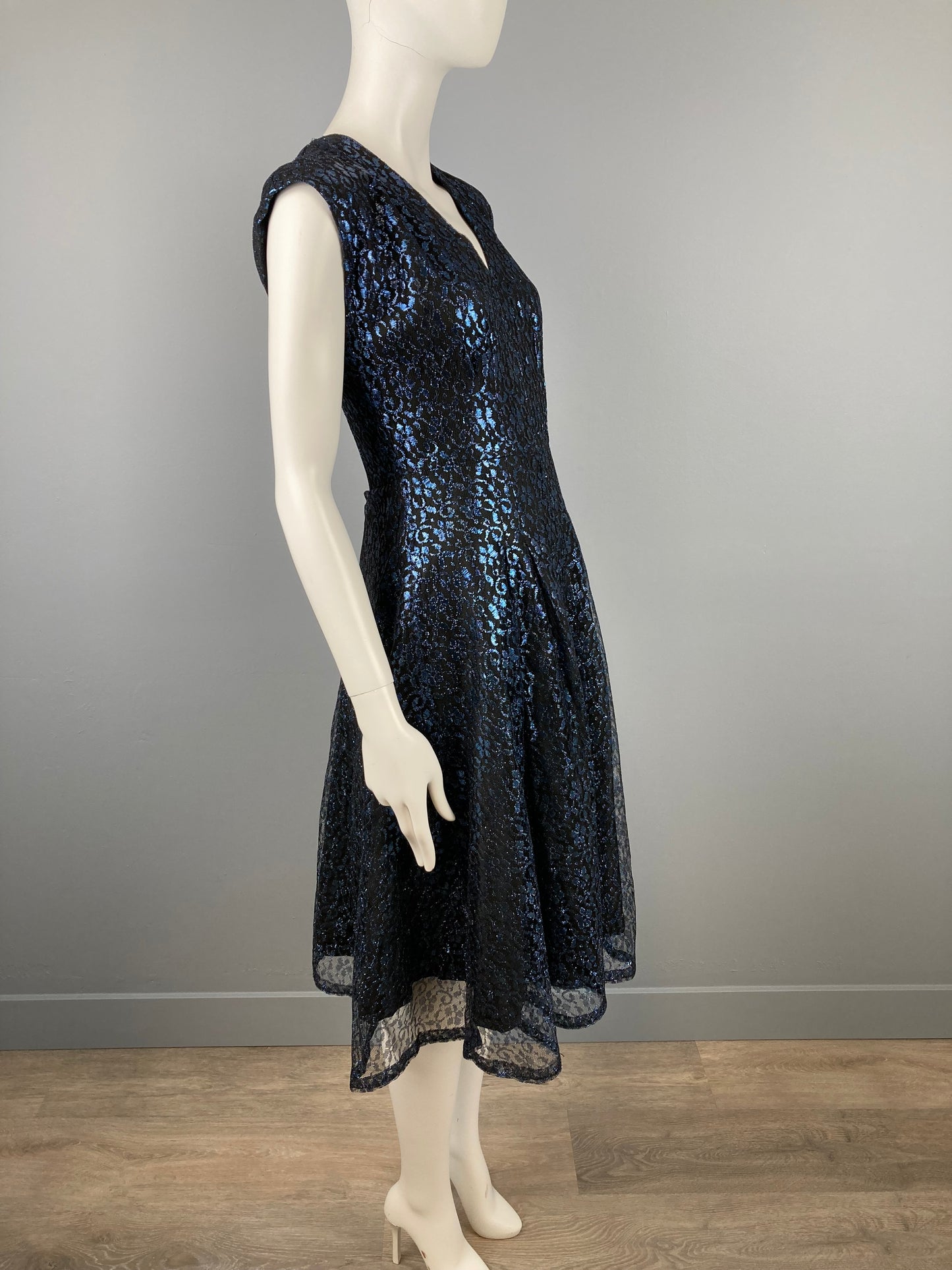 1950s Metallic Blue Lace Party Dress, Waist 28/29", Vintage Party Dress