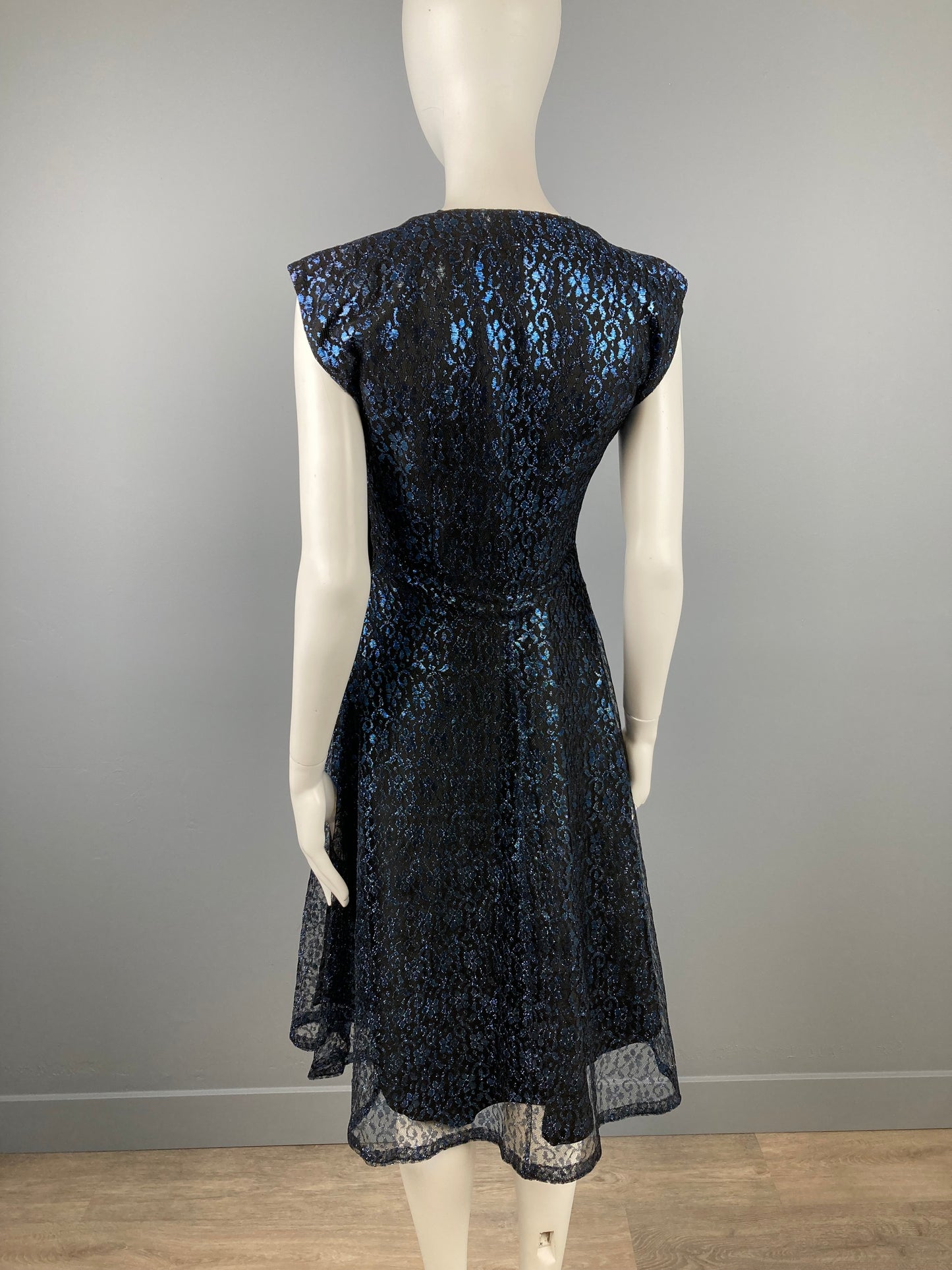 1950s Metallic Blue Lace Party Dress, Waist 28/29", Vintage Party Dress