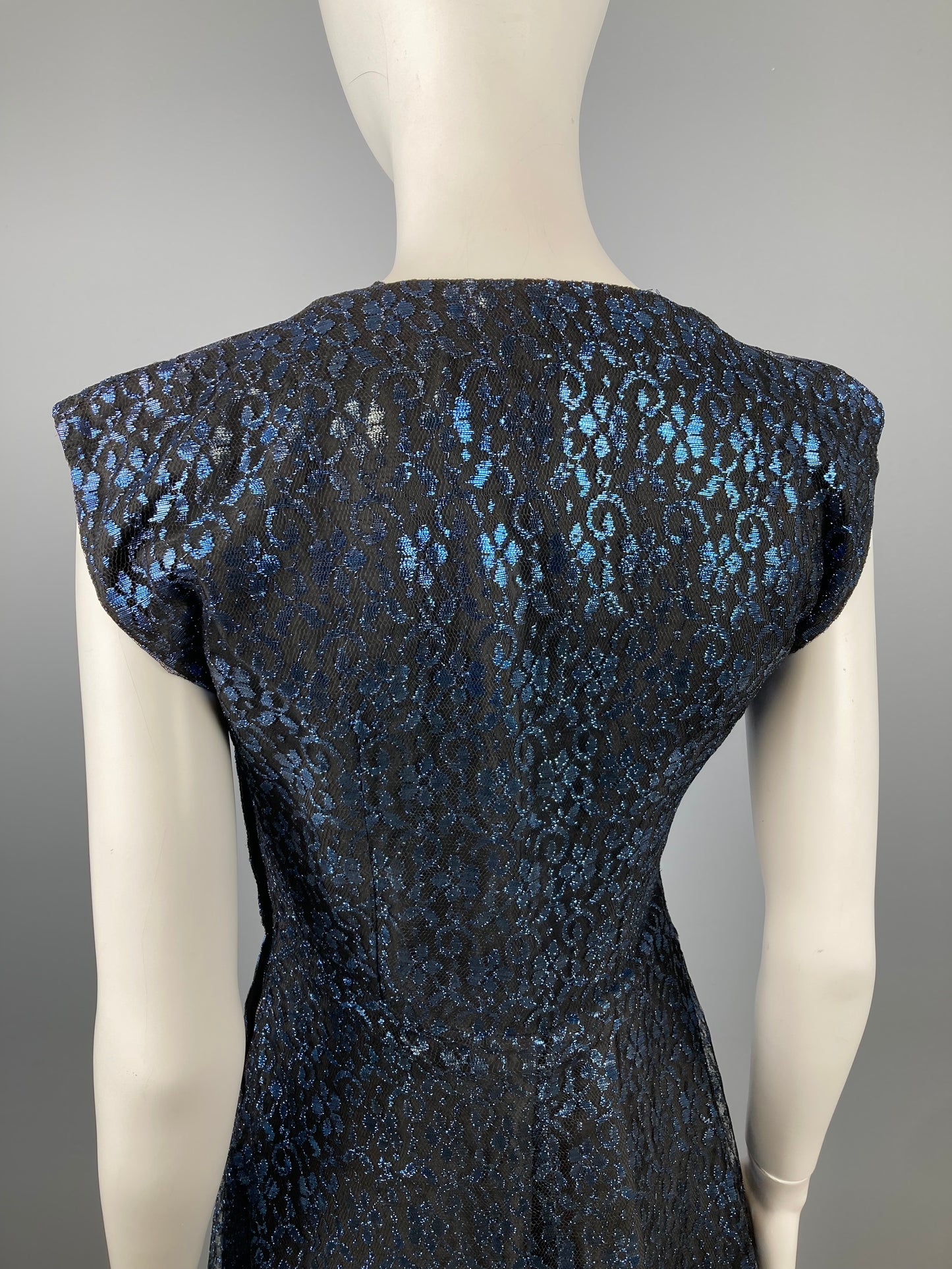 1950s Metallic Blue Lace Party Dress, Waist 28/29", Vintage Party Dress