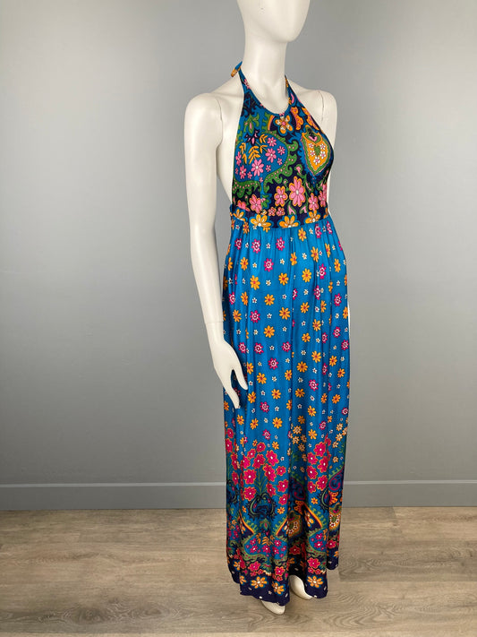 1970s Boho Jersey Halter Maxi, Backless Boho Maxi Dress, Size M