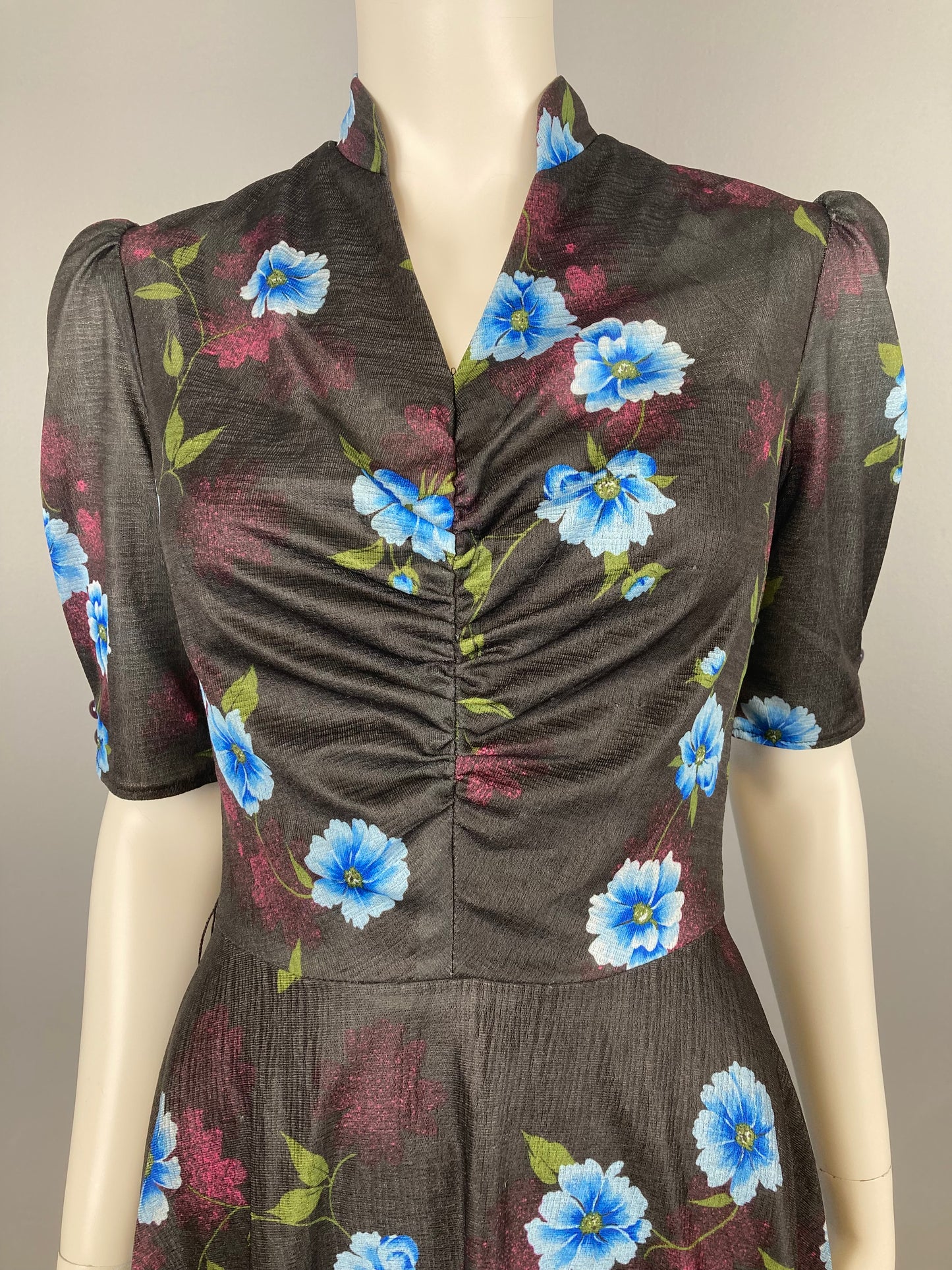 70s Does 40s Semi-Sheer Floral A-Line Day Dress, Size S