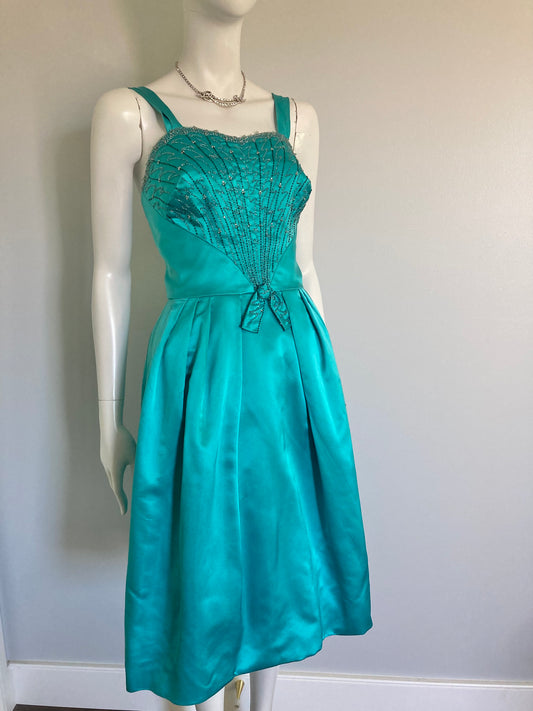 Stunning 50s Heavy Satin Party Dress with Beaded Detail, Size S