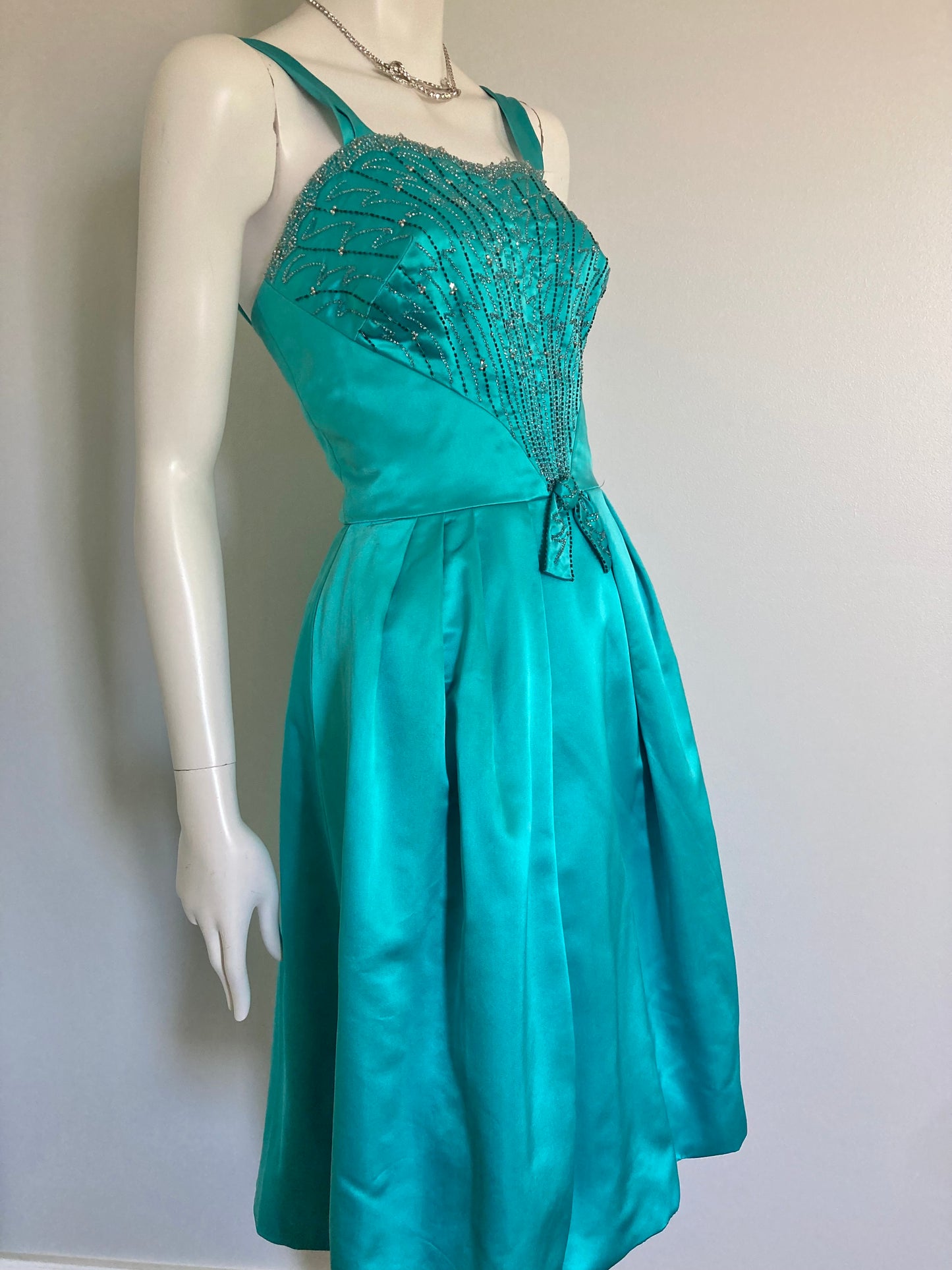 Stunning 50s Heavy Satin Party Dress with Beaded Detail, Size S