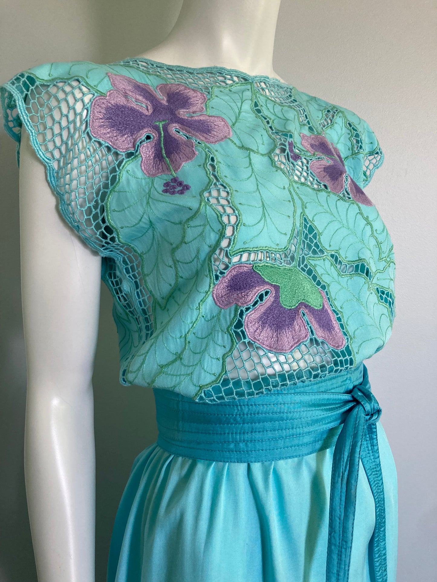 1980s Embroidered Lacework Turquoise Rayon Boho Dress, Size M