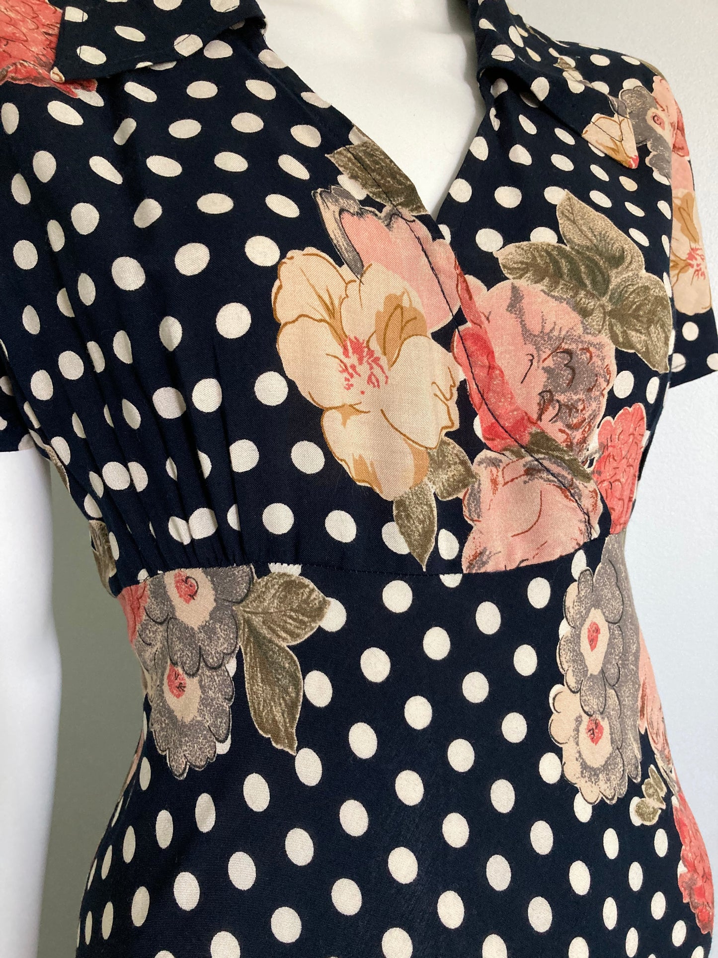 90s Does 40s Bias Cut Rayon Floral Dress with Polka Dots, Size M