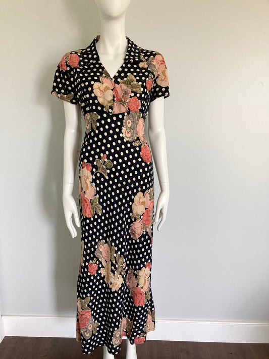 90s Does 40s Bias Cut Rayon Floral Dress with Polka Dots, Size M