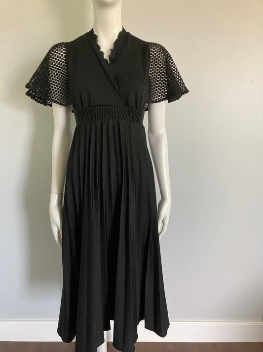 1970s Black Flutter Sleeve Micro-Pleated Dress, Size M