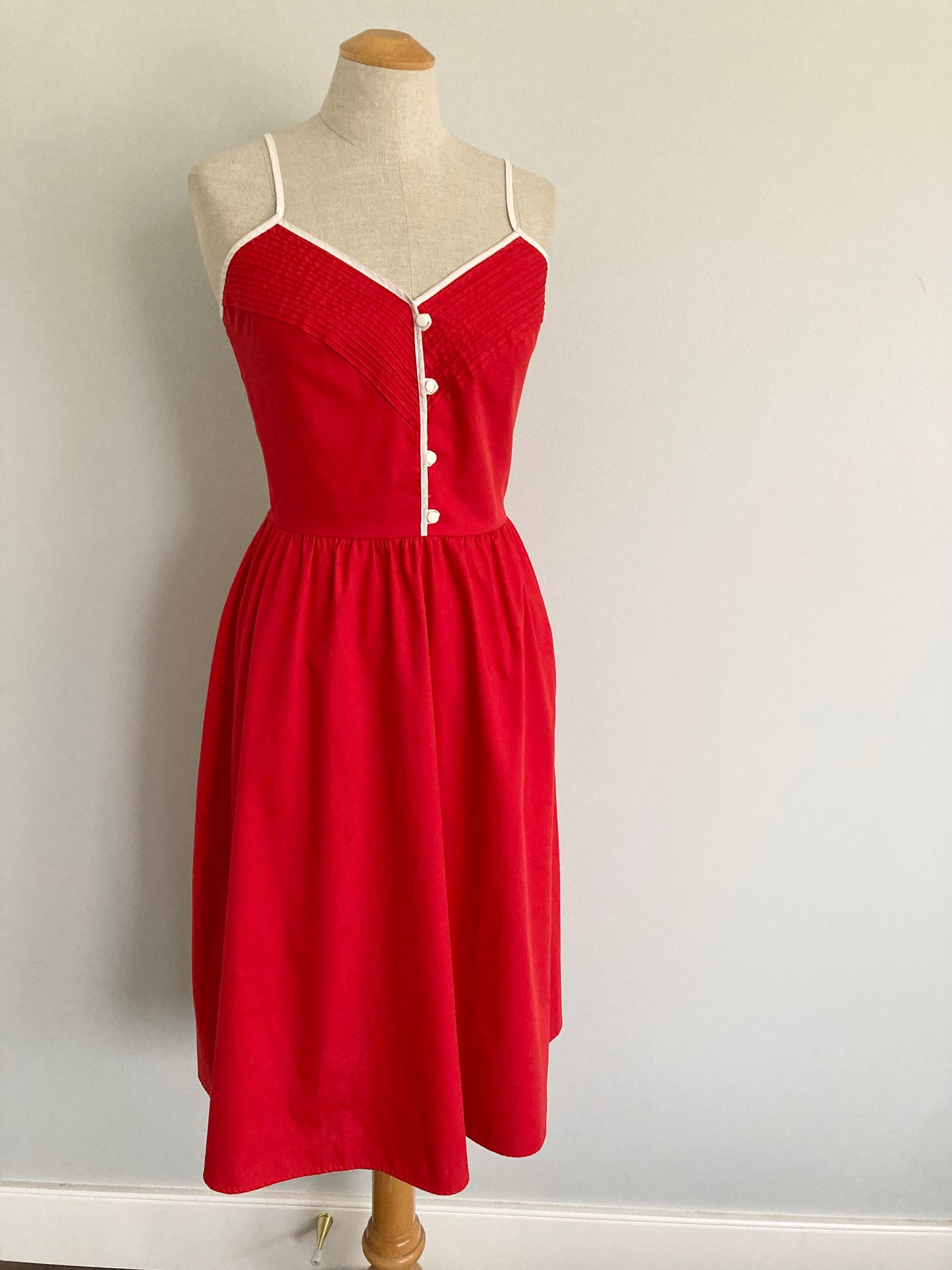 70s Red Cotton Sundress with Lace Up Back, Vintage Cotton Sundress, Size XS