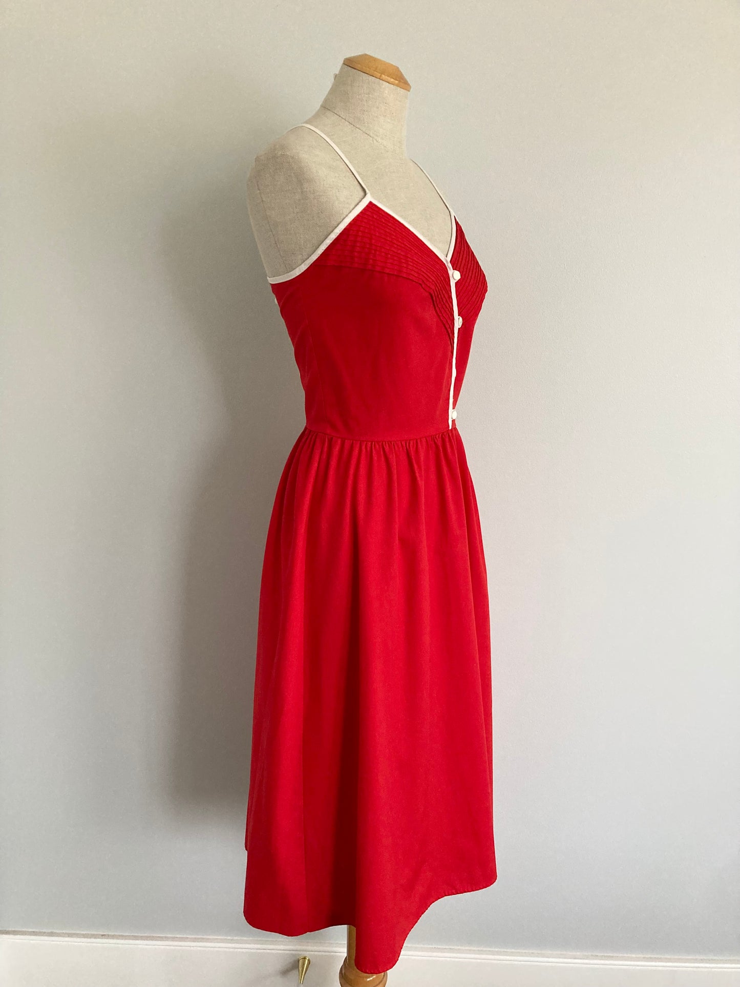 70s Red Cotton Sundress with Lace Up Back, Vintage Cotton Sundress, Size XS