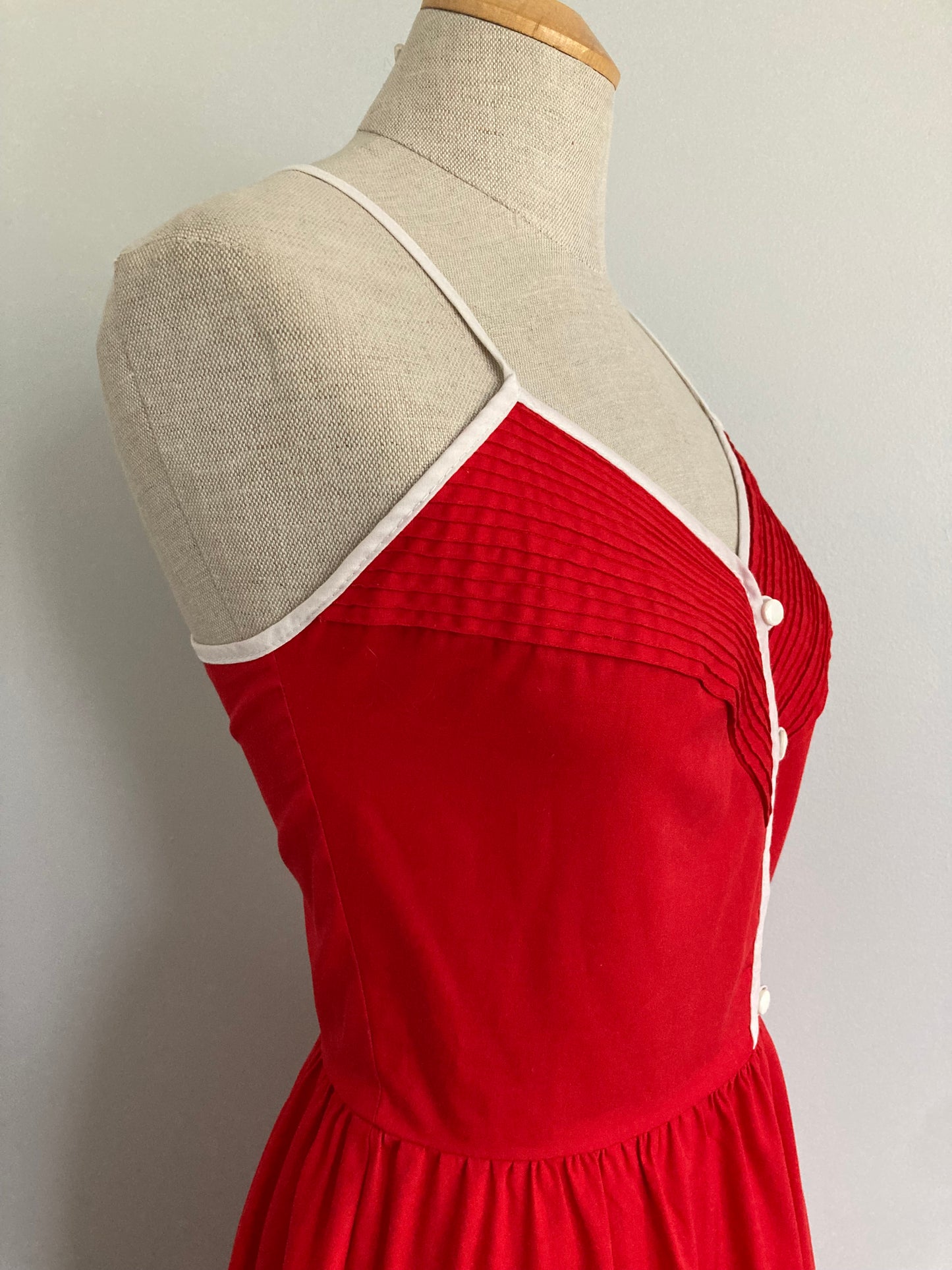 70s Red Cotton Sundress with Lace Up Back, Vintage Cotton Sundress, Size XS