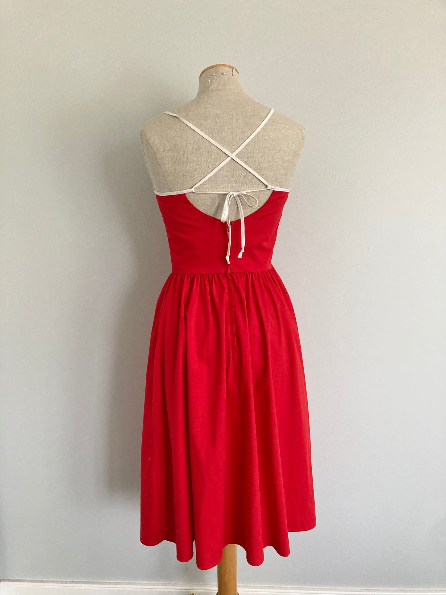 70s Red Cotton Sundress with Lace Up Back, Vintage Cotton Sundress, Size XS