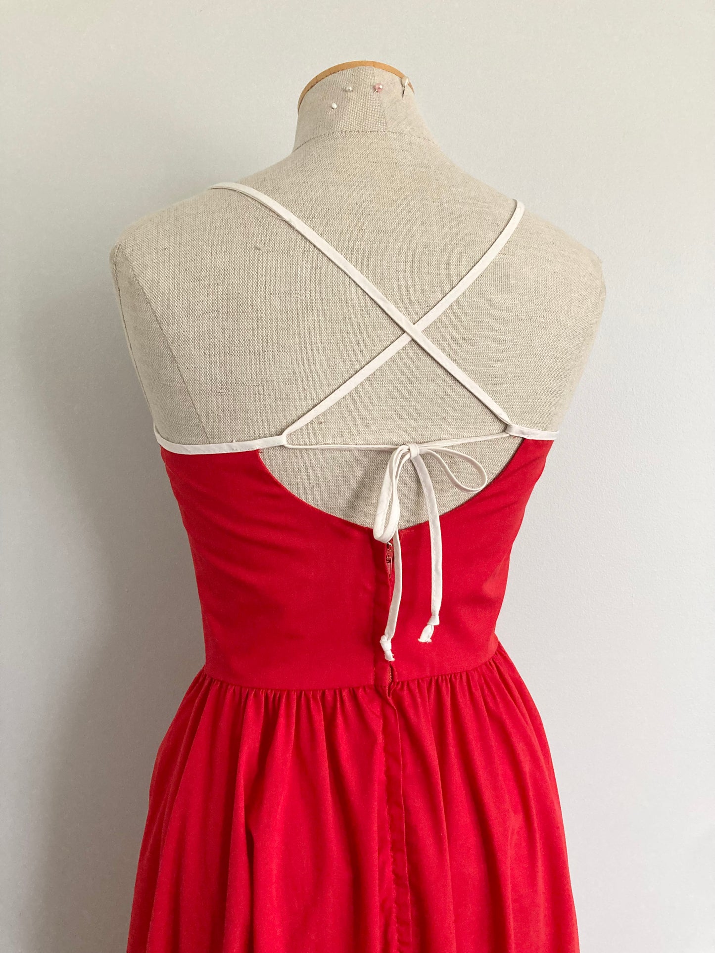 70s Red Cotton Sundress with Lace Up Back, Vintage Cotton Sundress, Size XS