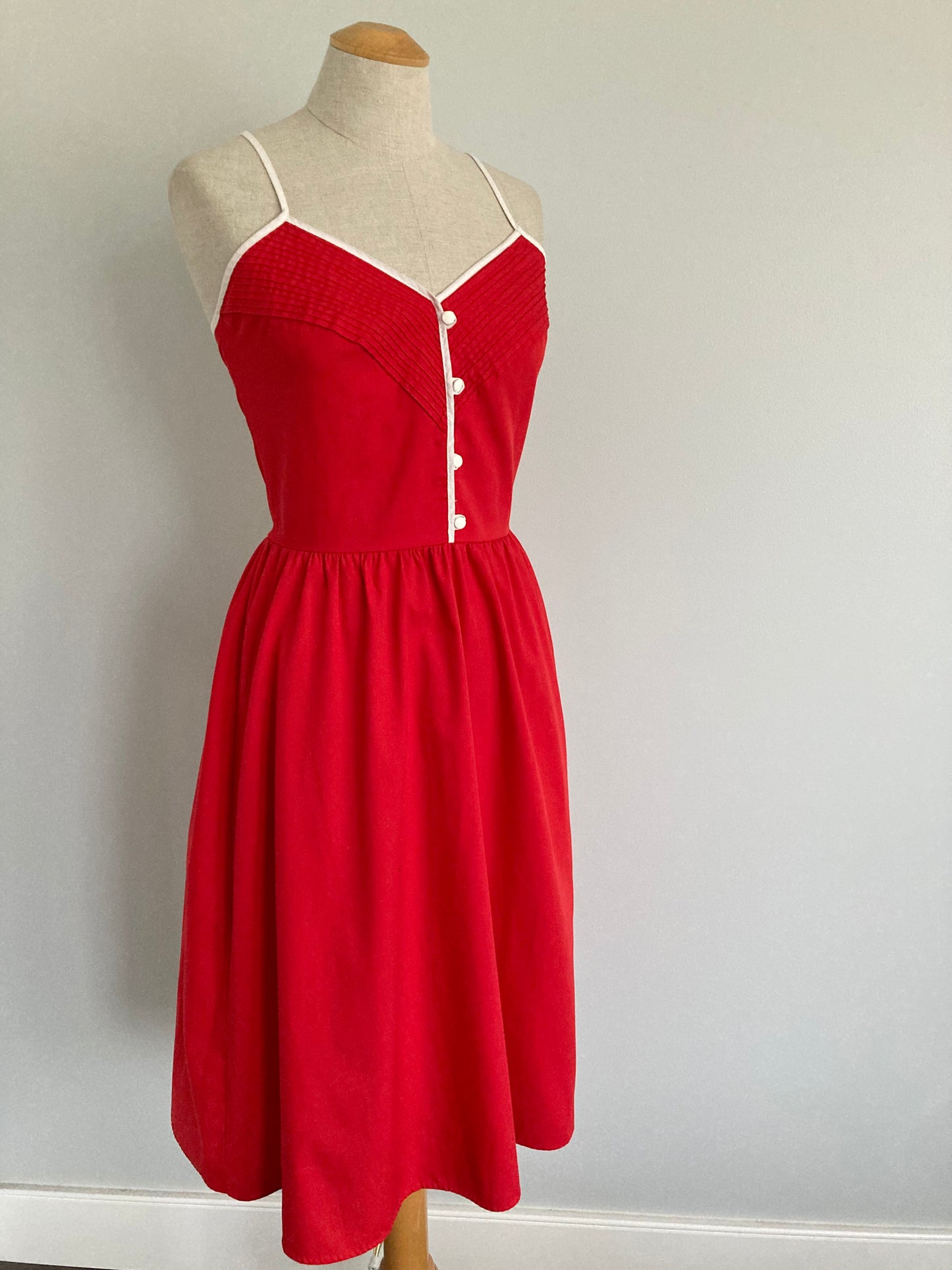 70s Red Cotton Sundress with Lace Up Back, Vintage Cotton Sundress, Size XS