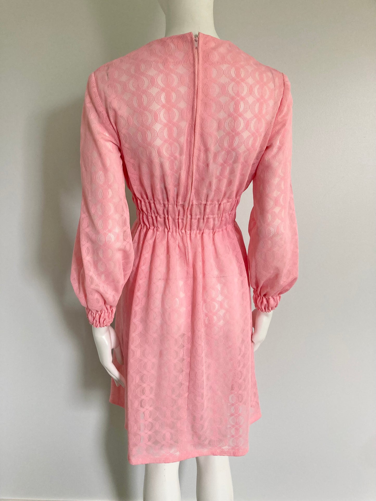 1970s Pink Lace Dress with Gathered Waist and Cuffs, Size S/M