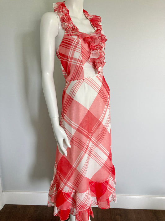1960s Gauzy Halter Dress, Red and White Plaid Summer Halter Dress, Size S