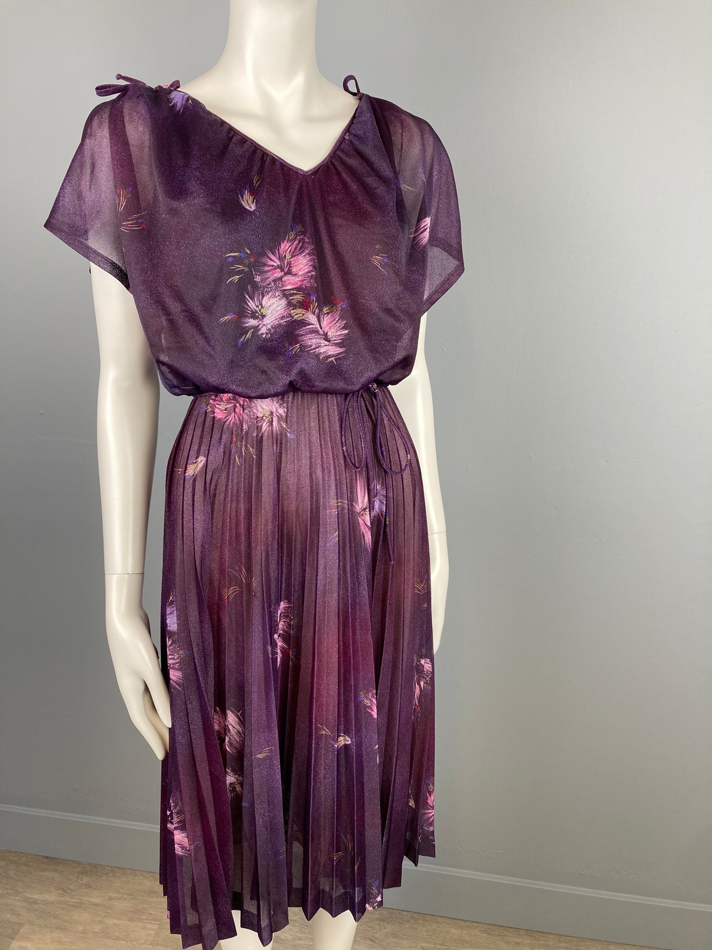 1970s Micropleated Sheer Dress, 70s Plum Floral Dress, Size S