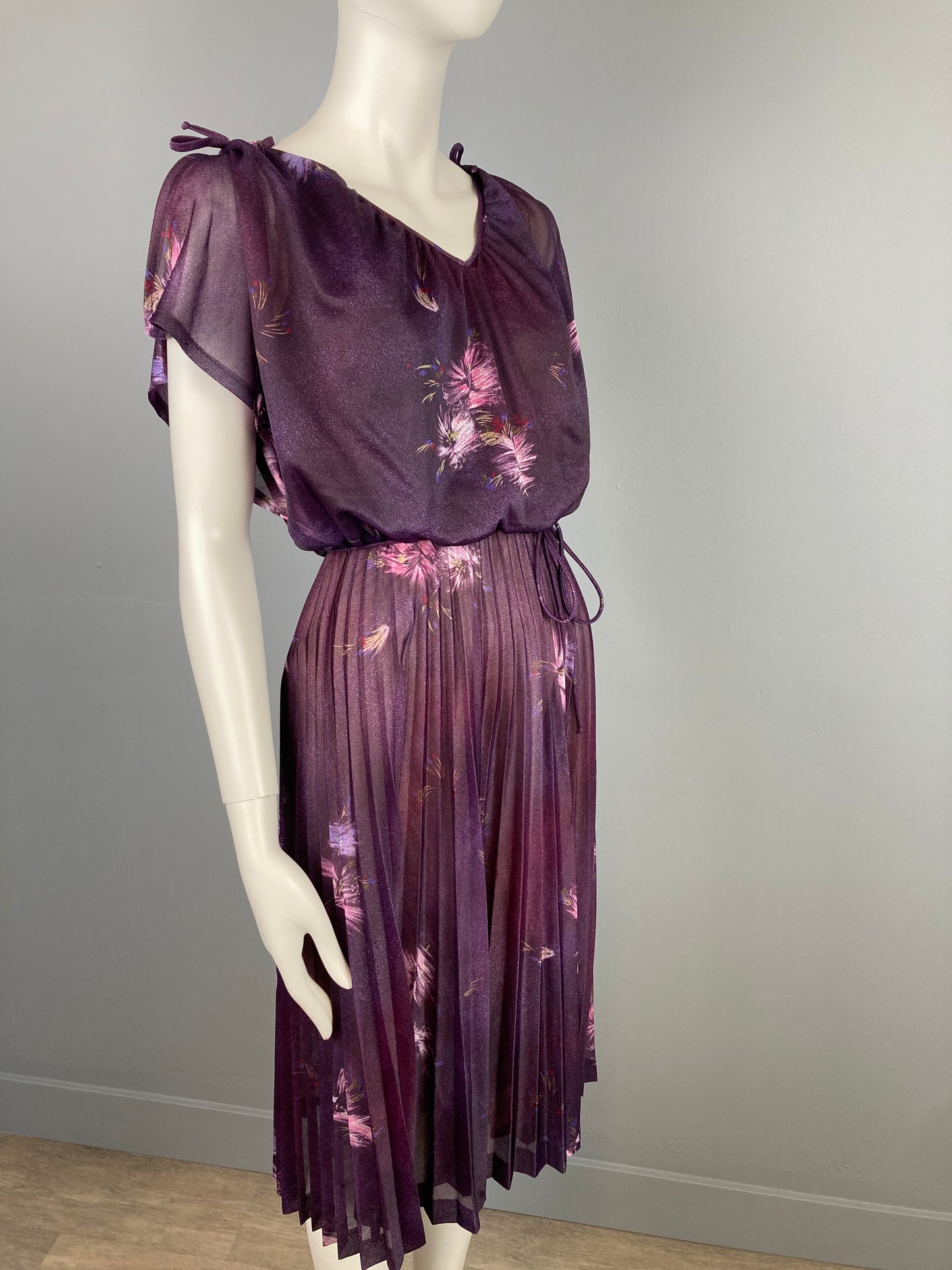 1970s Micropleated Sheer Dress, 70s Plum Floral Dress, Size S