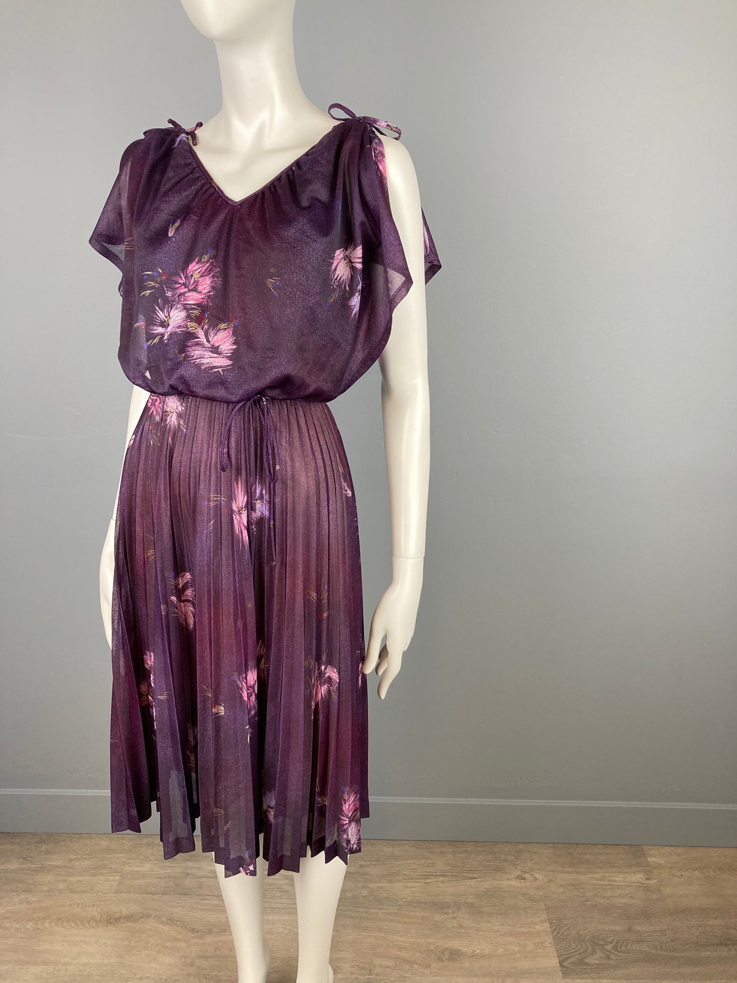 1970s Micropleated Sheer Dress, 70s Plum Floral Dress, Size S