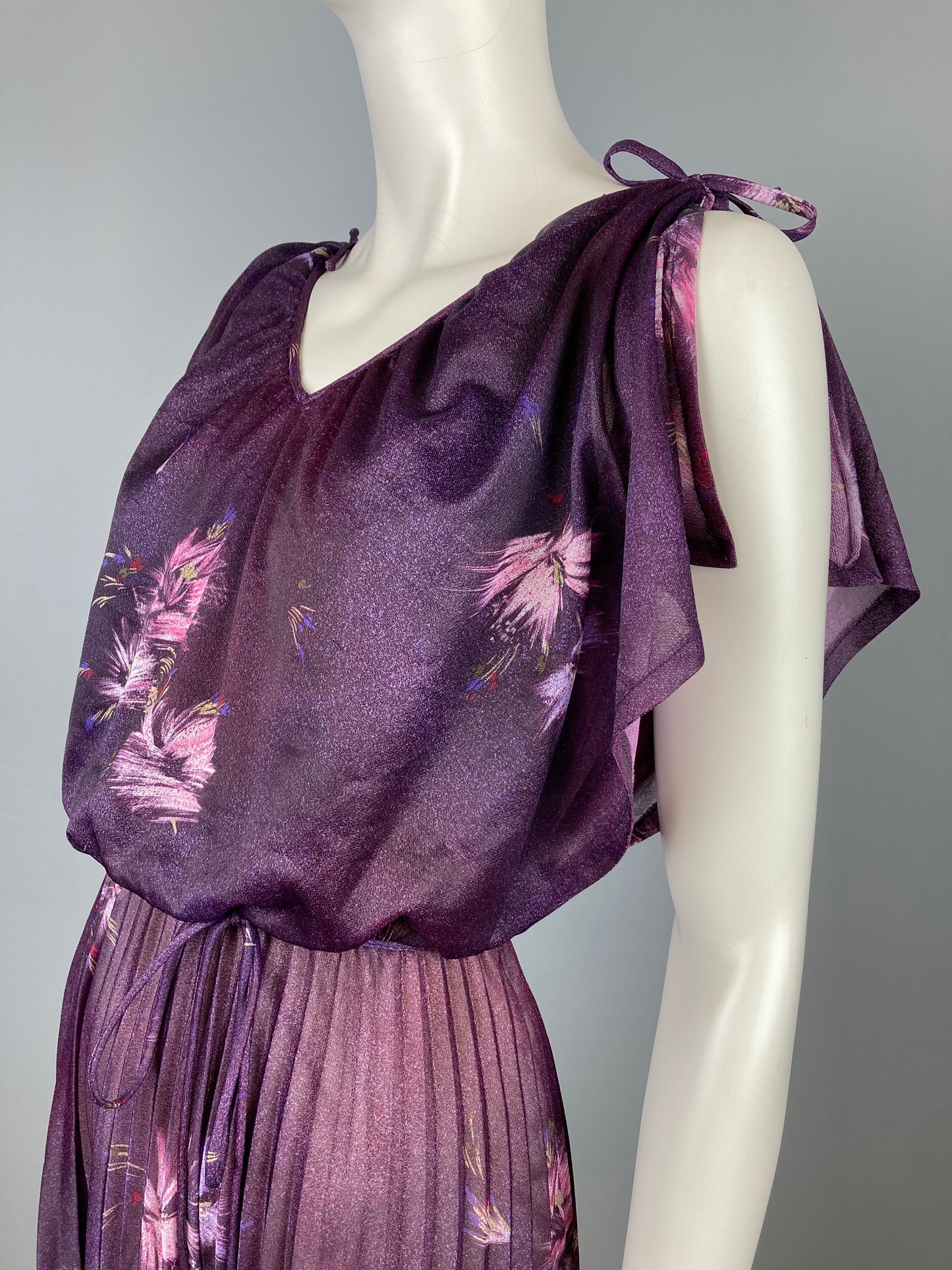 1970s Micropleated Sheer Dress, 70s Plum Floral Dress, Size S